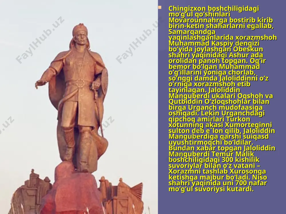 rdiga tobelik izhor qiladi. shundan so‘ng jaloliddin manguberdi fors viloyati markazi sherozga kelgan. fors hokimi otabek sa`d ibn zangiy va yazd hokimi otabek alouddavla ibn to‘g‘onshoh unga tobelik bildirishadi. jaloliddin manguberdi isfahonga kelganda aholi uni katta tantana bilan kutib oladi, qo‘shini qurol-aslaha bilan ta`minlanadi. bu hol g‘iyosiddin pirshohga yoqmaydi, u akasiga qarshi 30 ming otliq qo‘shin bilan yo‘lga chiqadi. biroq jaloliddin manguberdi unga sovg‘a-salomlar bilan miroxur odekni elchi sifatida jo‘natgan va o‘zaro nizoni tinchlik bilan hal etgan. 1225-yil jaloliddin manguberdi ozarbayjonga yurish qiladi. so‘ng bag‘dodga qarshi yurishga hozirlik ko‘radi. xalifa nosirgacha elchi jo‘natib, mo‘g‘ullarga qarshi birlashishga chaqiradi. bunga javoban xalifa jaloliddin manguberdiga qarshi o‘zining mamluki amir jamoliddin qushtemir boshliq 20 minglik qo‘shin jo‘natdi. basra yaqinidagi jangda xalifa qo‘shinlari tor-mor keltirildi. xalifa bag‘dod mudofaasi bilan mashg‘ul bo‘ladi. jaloliddin manguberdi bag‘dod atrofida 12 kun turgach, ozarbayjon tomon ketadi. ozarbayjon va arron otabegi o‘zbek ichkilik, maishatga berilib davlat ishlarini o‘z holiga tashlab qo‘ygan …