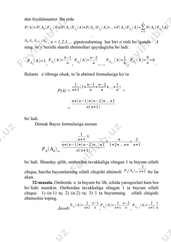 kamida bitta hodisaning ro`y berish ehtimoli birgalikda erkli bo`lgan a1, a2, a3,. . .,an hodisalardan kamida bittasining ro`y berishidan iborat a hodisaning ro`y berish ehtimoli 1 dan ularning qarama – qarshi hodisalari ko`paytmasi ehtimolining ayrilganiga teng: . bu erda , k = 1,2,3,…,n. agar a1, a2, a3,. . .,an hodisalar birxil , i = 1,2,3,…,n ehtimol bilan ro`y bersa, u holda q = 1-p bo`lib, bo`ladi. 35-masala. 3 ta mashina bir - biridan erkli ravishda ishlamoqda. ularninig har birining buzilmasdan ishlash ehtimoli mos ravishda p1 =0,1; p2 = 0,15; p3 = 0,2 ga teng.ishning to`liq bajarilmasligi uchun kamida mashinaning buzilishi etarli bo`lsa, ishning bajarilmaslik ehtimolini toping. yechish.masala shartiga ko`ra kamida bitta mashina buzilsa ish bajarilmaydi. izlanayotgan ehtimol formula yordamida hisoblanadi: 36-masala. 4 ta mashina bir - biridan erkli ravishda ishlamoqda. ularninig har birining buzilmasdan ishlash ehtimoli mos ravishda p1 =0,3; p2 = 0,4; p3 = 0,6; p4 =0,7 ga teng.ishning …