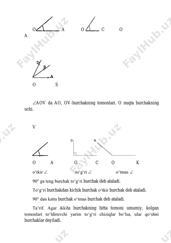 hiziq о‘zaro parallel bо‘ladi. ________a_________ _______v__________ _______c__________ ikki tо‘g‘ri chiziqni uchinchi tо‘g‘ri chiziq kesganda hosil bо‘ladigan burchaklar: s tо‘g‘ri chiziq a va v ni kesuvchi. b s c 1 2 a 1 2 a 3 4 a 5 6 b 3 4 7 8 v 6 5 v 7 8 (1,5), (2 ;6), (3 ;7), (4 ;8)-mos burchaklar. (4, 5), (3 va 6) -ichki bir tomonli burchaklar. (1;7), (2;8) -tashqi bir tomonli burchaklar. (3;5), (4;6) -ichki almashinuvchi burchaklar. (1;8), (2;7) -tashqi almashinuvchi burchaklar. tо‘g‘ri chiziqlarning parallellik alomatlari keltiriladi. shulardan foydalanib uchburchak ichki burchaklari yig‘indisi keltirib chiqariladi. с