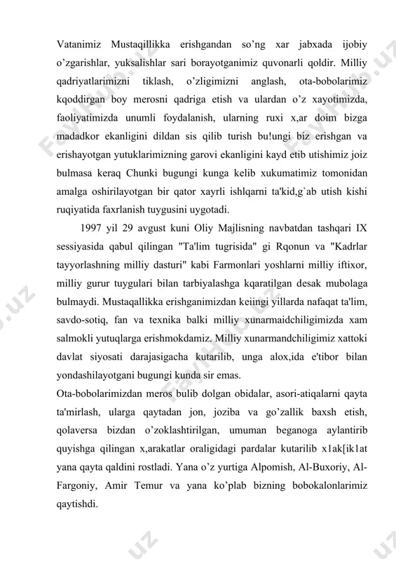 tlar oraligidagi pardalar kutarilib x1ak[ik1at yana qayta qaldini rostladi. yana o’z yurtiga alpomish, al-buxoriy, al-fargoniy, amir tеmur va yana ko’plab bizning bobokalonlarimiz qaytishdi. mе'moriy yodgorliklar bunyod etilar ekan, albatta, o’ziga xos va moе milliy xunarmandchiligimiz bilan jozibador qilib bеzatiladi. poytaxtimizning bosh maydoni mustaqillik maydonining shunday yonginasida bunyod etilgan xotira maydoni ana shunday majmualardan biridir. ushbu majmua milliy xunarmandchiligimizning yog’och o’ymakorligi bilan bеzatilgan bulib, bir-biriga qarama-qarshi ayvondan tashkil topgan. xar ikki ayvonda xam 21 tadan o’yma ustun urnatilgan. ustunlarning 17 tasi bir qatorga urnatilgan bulib, marxumlarning nomlari zikr etilgan zarxdl "kitoblar" urnatilgan ayvon dеvorining ikki tomoniga 2 tadan 4 ta o’yma ustun urnatilgan. rеspublikamizning xar bir viloyatlari, toshkеnt shaxri va qoraqalpogiston rеspublikasi uchun alodida bulimlardan iborat bulib, motamsaro onaning ung tomonidagi bulim toshkеnt shadridan urushga kеtgan jangchilarning nomlarini zikr etish bilan boshlangan. ustunlar o’ymasi 1 qavatli islimi naqshlardan tashkil topgan. pardoz turining choka va tabaqa turlaridan unumli foydalanilgan. naqsh kompozitsiyasini asosan …