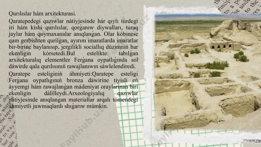 estelikti úyreniwde ózi basshilıq etken arxeologiyalıq ekspediciya arqalı tabılǵan materiallar menen bul aymaqtıń mádeniyatı, ekonomikası hám sawda baylanısların keńnen úyreniwge imkaniyat jarattı. valeriya p. grishmanova: kurgantepede alıp barılǵan qazıwlardı dawam ettirgen basqa bir arxeolog - valeriya p. grishmanova bolıp, ol da ferǵana oypatlıǵınıń erte temir dáwiri esteliklerin úyreniwge úlken úles qosqan. paydalanilǵan ádebiyatlar. 1.babadjanov, b. (1990). qiziltepa va uning madaniyati. toshkent: o‘zbekiston respublikasi fanlar akademiyasi. 2.grishmanova, v.p. (1994). kurgantepe arxeologik qazishmalari. moskva: izdatel’stvo akademii nauk sssr. 3.jumanov, m. (2000). erta temir davri o‘rta osiyo hududlarida. toshkent: o‘zbekiston milliy universiteti. 4.khasanov, k. (2003). farg‘ona vodiysining qadimiy shaharlar madaniyati. toshkent: o‘zbekiston davlat universiteti.2009 5.khokhlov, s. (2007). shaharlar va ularning ijtimoiy-iqtisodiy tizimlari. moskva: nauka. 6.maksudov, a. (2009). qadimiy o‘rta osiyo madaniyatlari. toshkent: o‘zbekiston respublikasi fanlar akademiyasi. 7.muminov, a. (2015). arxeologiya va madaniyat. toshkent: yangi nashr. 8.peshkova, i.p. (2017). o‘rta osiyoning arxeologiyasi va tarixiy madaniyati. toshkent: o‘zbekiston milliy universiteti. itibarin'iz ushun raxmet! image1.png image2.png …