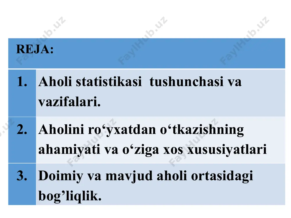 etdi. 1. aholi statistikasi tushunchasi va vazifalari. har qanday fanning predmeti o‘rganiladigan obyektning tabiiy va ijtimoiy xususiyatlariga bog‘liq bo‘lib, uning faoliyati shu xususiyatlarni o‘rganishga qaratiladi. demak, «aholi statistikasi» fanining obyekti ma’lum hududda yoki yer yuzida yashayotgan kishilardir.«demografiya»ning o‘rganish obyekti aholining umumiy rivojlanishi qonuniyatlari hisoblanadi. demografiya hayotni har tomonlama: tarixiy, siyosiy, iqtisodiy, ijtimoiy, huquqiy, tibbiy va statistik tomonidan o‘rganadi. bunda shuni esda tutish kerakki, obyekt haqida bilimlar to‘plami ortgan sari, uning yangi qirralari ochila boradi va ular ham o‘rganishning alohida predmetiga aylanadi har qanday ijtimoiy voqeaning miqdor tomonini «statistika» o‘rganadi. «aholi statistikasi» «demografiya»ning bir qismi bo‘lib, aholi soni va tarkibini o‘rganadi. aholi statistikasi o‘z obyektini ma’lum bir zamon va makonda tabiiy, migratsion, ijtimoiy va boshqa hodisalarni e’tiborga olgan holda o‘rganadi.demografiya har yili turli sabablarga ko‘ra vafot etgan aholi o‘rnini yangidan dunyoga kelgan avlod hisobiga to‘ldirib borilishi qonuniyatlarini ijtimoiy-tarixiy sharoitlarga bog‘liq holda o‘rganadigan fan2.“demografiya” atamasi yunoncha so‘zdan olingan bo‘lib, demos –xalq va …