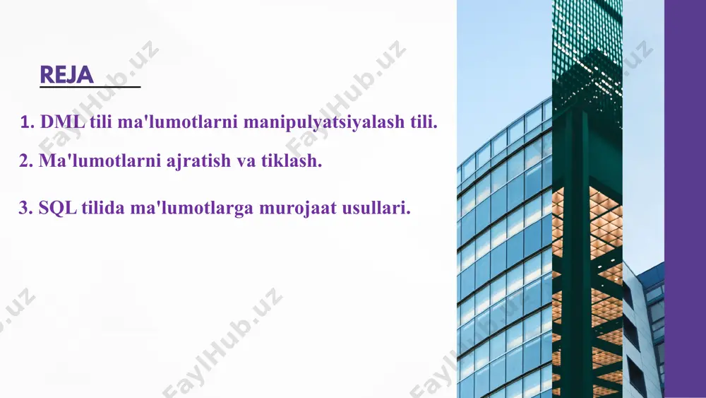 adigan va 'a' harfi bilan tugaydigan hamma qiymatlarni topadi. masalan, quyidagi jadvaldan bosh harfi 'a' bo'lgan ismlarga ega qatorlarni chop etamiz. select * from xaridorlar where xaridorismi like '%a'; 8 in operatori in operatori where operatorida bir nechta ustunlarni aniqlashtirish uchun ishlatiladi. in operatori bir nechta or shartlarining qisqacha shakli hisoblanadi. in operatorining 2 xil sintaksisi mavjud: select ustun_nom(lar)i from jadval_nomi where ustun_nomi in (qiymat1, qiymat2, ...); select ustun_nom(lar)i from jadval_nomi where ustun_nomi in (select ifoda); 9 keling, yuqoridagi jadvaldan yoshi 25 yoki 23 yoki 18 bo'lgan xaridorlarni topamiz. select * from xaridorlar where xaridoryoshi in (25, 23, 18); 10 between operatori between operatori berilgan oraliqdagi qiymatlarni tanlash uchun ishlatiladi. qiymatlar son, satr yoki sana-vaqt bo'lishi mumkin. sintaksisi quyidagicha: select ustun_nom(lar)i from jadval_nomi where ustun_nomi between qiymat1 and qiymat2; 11 endi bir nechta oddiy va murakkab so'rovlar yozamiz. ﻿select * from xaridorlar where xaridoryoshi between 25 and 30; ﻿select * …