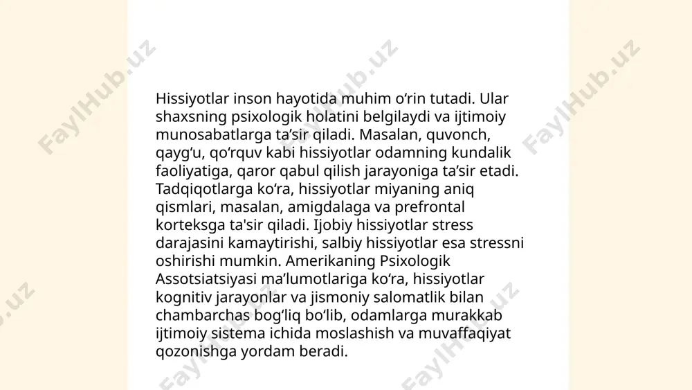da sodir bo‘ladigan murakkab jarayonlarni o‘z ichiga oladi. bunda asosan neyrotransmitterlar, masalan, dopamin, serotonin, va norepinefrin kabi kimyoviy moddalar ishtirok etadi. dopamin zavq va motivatsiya bilan bog‘liq bo‘lib, serotoninning past darajalari depressiya va xavotirni kuchaytirishi mumkin. endorfinlar esa og‘riqni kamaytiradi va baxt hissini oshiradi. oksitotsin esa ishonch va mehr-oqibat hissiyotlariga ta’sir qiladi. bu kimyoviy moddalar organizmda turli jarayonlarni boshqaradi va muvozanatda bo‘lishi muhim. yetishmovchiligi yoki ortiqchaligi turli ruhiy kasalliklarga olib kelishi mumkin. ... t.me/slaydai_bot 10. hissiyotlar va stress hissiyotlar va stress o'rtasidagi bog'liqlik inson psixologik va jismoniy holatiga sezilarli ta'sir ko'rsatadi. stress, ko'pincha salbiy hissiyotlar bilan birga bo'lib, kortizol darajasining oshishi kabi biologik o'zgarishlarni keltirib chiqarishi mumkin. dsm-5 ma'lumotlariga ko'ra, 70% odamlar hayotlari davomida stress bilan bog'liq muammolarni boshdan kechirishadi. tadqiqotlar shuni ko'rsatadiki, yuqori stress darajalari depressiya va xavotirga olib kelishi mumkin. o'zbekistonda o'tkazilgan so'rovnomalar natijalari kelajakda stress bilan bog'liq holatlar kamayishini, lekin hozirgi paytda aholi 40% stressdan aziyat chekayotganini …