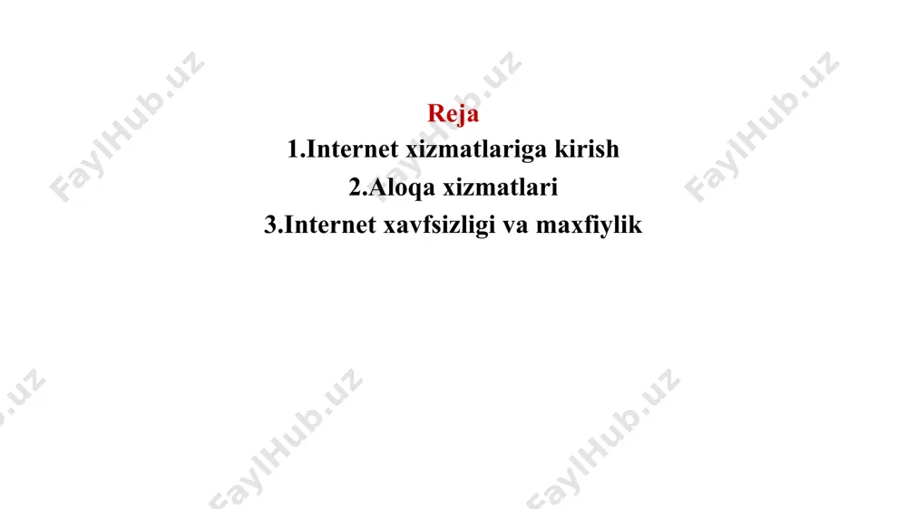 ismiga aylangan. aloqa xizmatlarining turlari 1.elektron pochta(email): foydalanuvchilarga xabarlar,hujjatlar va boshqa ma’lumotlarni yuborish va qabul qilish imkonini beradi. 2.messendjerlar: tezkor xabar almashish dasturlari bo’lib ,matn,ovozli va videoxabarlar yuborishga imkon beradi. 3.ijtimoiy tarmoqlar: foydalanuvchilar o’rtasida yozishmalar,fotosurat va videolar almashish uchun platformalar. 4.videokonferensiyalar: uchrashuvlar va yig’ilishlarni masofadan o’tkazish imkoniyatini yaratadi. 5.voip(internet telefoniya): internet orqali ovozli va video qo’ng’iroqlarni amalga oshirish imkonini beradi. aloqa xizmatlarining afzalliklari: tezkorlik va qulaylik. narxning pastligi(ko’pincha bepul xizmatlar). masofani qisqartiradi,dunyoning istalgan joyidagi insonlar bilan bog’lanish imkonini beradi. aloqa xizmatlari insonlar o’rtasidagi muloqotni yangi bosqichga olib chiqdi va zamonaviy hayotning ajralmas qismiga aylandi. internet xavfsizligi va maxfiylik internet xavfsizligi-bu foydalanuvchi ma’lumotlarini himoya qilish va ularni zararli dasturlar,xakerlar hujumlari va firibgarlikdan asrash choralari to’plamidir.maxfiylik esa internetda shaxsiy ma’lumotlarning faqat ruxsat etilgan shaxslar tomonidan foydalanishini ta’minlashdir. internet xavfsizligining asosiy muammolari 1.xakerlik hujumlari: shaxsiy ma’lumotlarni o’g’irlash yoki zararli faoliyatlar amalga oshirish. 2.firibgarlik: soxta saytlardan foydalanib moliyaviy yoki shaxsiy ma’lumotlarni o’g’irlash. 3.zararli dasturlar: …