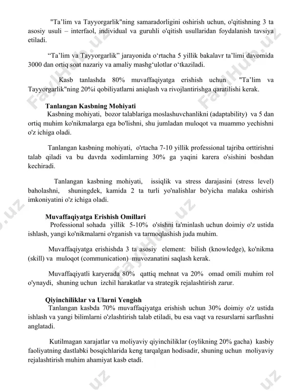 k. tanlangan kasbning mohiyati kasbning mohiyati, bozor talablariga moslashuvchanlikni (adaptability) va 5 dan ortiq muhim ko'nikmalarga ega bo'lishni, shu jumladan muloqot va muammo yechishni o'z ichiga oladi. tanlangan kasbning mohiyati, o'rtacha 7-10 yillik professional tajriba orttirishni talab qiladi va bu davrda xodimlarning 30% ga yaqini karera o'sishini boshdan kechiradi. tanlangan kasbning mohiyati, issiqlik va stress darajasini (stress level) baholashni, shuningdek, kamida 2 ta turli yo'nalishlar bo'yicha malaka oshirish imkoniyatini o'z ichiga oladi. muvaffaqiyatga erishish omillari professional sohada yillik 5-10% o'sishni ta'minlash uchun doimiy o'z ustida ishlash, yangi ko'nikmalarni o'rganish va tarmoqlashish juda muhim. muvaffaqiyatga erishishda 3 ta asosiy element: bilish (knowledge), ko'nikma (skill) va muloqot (communication) muvozanatini saqlash kerak. muvaffaqiyatli karyerada 80% qattiq mehnat va 20% omad omili muhim rol o'ynaydi, shuning uchun izchil harakatlar va strategik rejalashtirish zarur. qiyinchiliklar va ularni yengish tanlangan kasbda 70% muvaffaqiyatga erishish uchun 30% doimiy o'z ustida ishlash va yangi bilimlarni o'zlashtirish talab etiladi, …