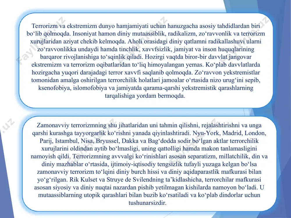 ilarda namoyon bo‘ladi. u mutaassiblarning utopik qarashlari bilan buzib ko‘rsatiladi va ko‘plab dindorlar uchun tushunarsizdir. hozirgi kunda diniy yekstremistik oqimlar g‘oyasidan qaytarishning yumshoq dasturlarini amalga oshirish tashabbuslari ko‘plab mamlakatlarda, xususan, irlandiya, kolumbiya, norvegiya, germaniya, fransiya, shvesiya va boshqa shu kabi davvlatlarda amalga oshirilmoqda. diniy yekstremistik oqimlar g‘oyasidan qaytarishning yumshoq usullari samaradorligi sinay, turkiya, malayziya, indoneziya, buyuk britaniya kabi mamlakatlarda “contest” ekstremizmga qarshi kurash strategiyasi dorasida, birlashgan arab amirliklarida “hidoya”, “savvob” singari yekstermizm va terrorizmga qarshi kurash markazlari faoliyati dorasida, saudiya arabistonida “munasaxa”, misr arab respublikasida yesa “ekstremizmga qarshi kurash bo‘yicha al-azhar observatoriyasi” va boshqa markazlar faoliyati doirasida amalda isbotlangan. karnegi jamg‘armasi tadqiqotchisi kristofer busek, general petrus golos va boshqalar indoneziyaning deradikallashuv dasturini tahlil qilib shunday xulosaga kelgan: “deradikalizasiya dasturlari terrorizm va radikallashuvdan qutilishning yeng samarali usuli, chunki ushbu dasturlar muammoni tubdan hal qiladi”. shuni ta’kidlash joizki saudiya arabistoni va yaman davvlatlarida amalga oshirilgan deradikallashtirish dasturidan o‘tgan yekstremistlar orasida yana ekstremizm …