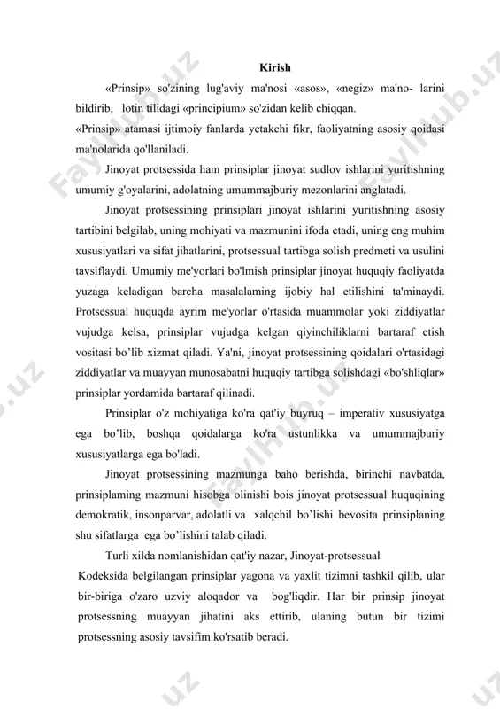 ga o'zaro uzviy aloqador va bog'liqdir. har bir prinsip jinoyat protsessning muayyan jihatini aks ettirib, ulaning butun bir tizimi protsessning asosiy tavsifim ko'rsatib beradi. yuridik adabiyotlarda jinoyat protsessming prinsiplari «jinoyat protsessual huquqning prinsiplari», «jinoyat- protsessual prinsiplar», «jinoyat sudlov ishlarini yuritishning prinsiplari»deb ham nomlanadi. jinoyat-protsessual prinsiplar o'z xususiyatlariga ko'ra quyidagi turlarga ajratiladi: - konstitutsiyaviy prinsiplar; -faqat jinoyat protsessiga taalluqli maxsus prinsiplar; -jinoyat protsessning barcha bosqichlarida amalda bo'ladigan prinsiplar; -jinoyat protsessning ayrim bosqichlarida amalda bo'ladigan prinsiplar. konstitutsiyaviy prinsiplar jinoyat-protsessual qonunchiligi bilan bir vaqtda o'zbekiston respublikasi konstitutsiyasida aks ettirilgan prinsiplar hisoblanadi. konstitutsiyaviy jinoyat - protsessual prinsiplari qonuniylik; odil sudlovning faqat sud tomonidan amalga oshirilishi; sudyalarning mustaqilligi va ulaning faqat qonunga bo'ysunishi; odil sudlovni fuqarolarning qonun va sud oldida tengligi asosida amalga oshirish; shaxsning shani va qadr-qimmatini hurmat qilish; fuqarolarning huquq va erkinlikiarini muhofaza qilish; aybsizlik prezumpsiyasi; protsessual harakatlar va qarorlar ustidan shikoyat qilish huquqi prinsiplari hisoblanadi. jinoyat protsessi prinsiplari tushunchasi va mohiyati jinoyat …
