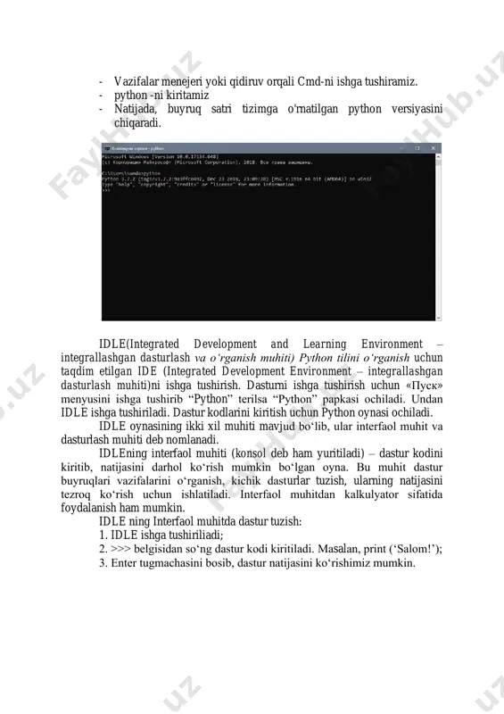 2. file menyusidan new file buyrug‘i tanlanadi. 3. dasturlash muhiti oynasida dastur kodi kiritiladi. 4. file menyusidan save yoki save as buyrug‘i tanlanadi. fayl nomini kiritib, save tugmachasi orqali dastur saqlanadi. 5. dasturlash muhiti oynasida run menyusida run module buyrug‘i tanlanadi. natijani idle interfaol oynasida ko‘rishimiz mumkin birinchi dasturimiz —"hello world!" keling an'anaga ko'ra barcha dasturchilar birinchi yozadigan dastur, "hello world!" dasturini yozamiz . buning uchun idle yuqorisidagi menuda file --> new file bo'limini tanlaymiz (yoki klaviaturada ctrl+n tugmalarini bosamiz). matn muhrarrirda yangi, *untitled* fayli yaratildi. faylga ma'nili nom beramiz, buning uchun file --> save as.. menusini tanlaymiz (yoki ctrl+shift+s) va yangi ochilgan oynada faylga ma'nili nom beramiz. faylni nomlashda quyidagi qoidalarga amal qiling: • fayl nomi qisqa, kichkina lotin harflari bilan va eng muhimi bo'shliq (probel) qo'ymasdan yozilgan bo'lishi kerak https://jovian.ai/outlink?url=http%3a%2f%2funtitled0.py • fayl nomi .py bilan tugashi kerak (misol uchun faylnomi.py) • faylga ikki so'zdan iborat nom qo'ymoqchi bo'lsangiz …