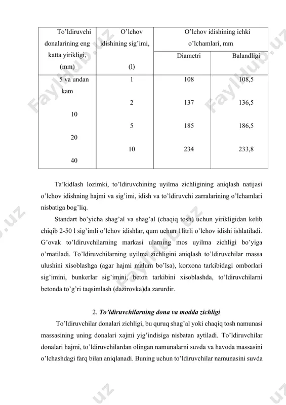 chligini aniqlashda, ishni qulay borishi uchun uzrst bo’yicha shag’al yoki chaqiq tosh namunasi 1l hajimdagi maxsus perforirlangan idishga joylashtiriladi, birgalikda barcha jaraënlar bajariladi. konteyner bilan to’ldiruvchi namunasining massasini o’lchangandan so’ng, bo’sh konteynerni suv va xavoda aniqlangan massasi ayriladi. keltirilgan izlanishlar olingan to’ldiruvchi namunasidagi donalarning o’rtacha zichligini aniqlash imkonini berdi. g’ovak to’ldiruvchilarning aloxida donalarini zichligini aniqlashda to’ldiruvchi donalari xajmiga nisbatan yuqori dispers sochiluvchan muxitda o’lchanadi. uzrst ga bo’yicha qizdirilgan kvars qumi ishlatiladi. bunda qum idishga yuqorisigacha to’ldiriladi, so’ngra galma-gal to’ldiruvchi donasi qo’shiladi, idish yana qum bilan to’ldiriladi va qolgan suv xajmi o’lchanadi. bu oxirgisi esa to’ldiruvchi donasi xajmiga mos keladi bunda qum va idishni zichlash mumkin emas. to’ldiruvchining suvli muhitdagi hajmi, uning qum yoki boshqa muhitdagi xajmidan farq qilishi mumkin. beton tarkibini hisoblashda beton tarkibida to’ldiruvchi donasi egallagan xajmni bilish kerak. ko’p to’ldiruvchilar uchun ayniqsa ochiq g’ovakli to’ldiruvchilar uchun bu hajm yuqorida keltirilgan usulda kam aniqlanadi, chunki dona ochiq g’ovaklari suv …