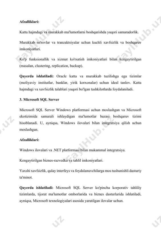 art mysql mysql xizmatini avtomatik ishga tushiriladigan qilib qo'yish uchun: sudo systemctl enable mysql root foydalanuvchisi uchun parol o'rnatish va xavfsizlik sozlamalarini bajarish uchun: sudo mysql_secure_installation ushbu buyruq orqali root foydalanuvchisi uchun parol o'rnatasiz va boshqa xavfsizlik sozlamalarini bajarishingiz mumkin. 4. mysql konfiguratsiyasi root foydalanuvchisini sozlash: root foydalanuvchisi tizim boshqaruvi uchun ishlatiladi. serverga birinchi marta kirganingizda root foydalanuvchisi sifatida tizimga kirish uchun quyidagi buyruqni bajaring: sudo mysql -u root -p mysql-da foydalanuvchi yaratish: ma'lumotlar bazasiga maxsus foydalanuvchi qo'shish uchun quyidagi buyruqdan foydalanishingiz mumkin: create user 'foydalanuvchi_nomi'@'localhost' identified by 'parol'; grant all privileges on *.* to 'foydalanuvchi_nomi'@'localhost'; flush privileges; 5. mysql portini tekshirish va o'zgartirish default ravishda mysql server 3306 portidan foydalanadi. bu portni o'zgartirish kerak bo'lsa, mysql konfiguratsiya faylini (my.cnf) tahrirlash mumkin: sudo nano /etc/mysql/my.cnf [mysqld] bo'limiga kirib, port = 3306 satrini toping va kerakli portni o'rnating. o'zgarishlarni saqlaganingizdan so'ng, mysql serverni qayta ishga tushiring: sudo systemctl restart mysql 6. …