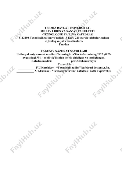 yakuniy nazorat savollari "qishloq xo`jalik mashinalari" — DOC
