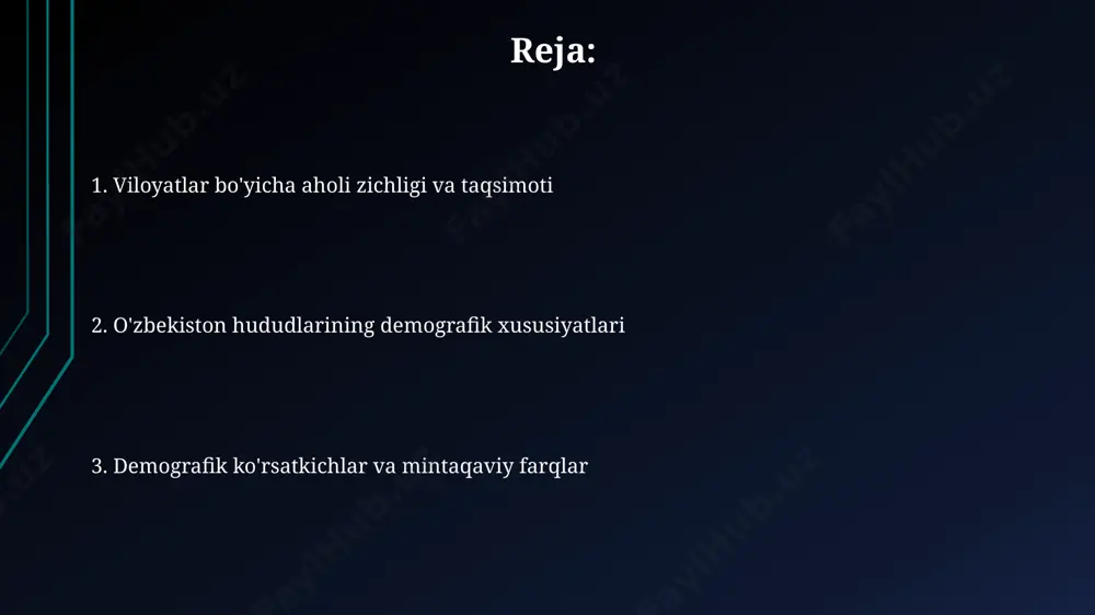 2022 yilda respublika o'rtacha ko'rsatkichidan yuqori bo'lib, 1000 kishiga 25 dan ortiq tug'ilgan chaqaloqni tashkil etdi, bu esa yuqori tabiiy o'sish sur'atlarini ko'rsatadi. qoraqalpog'iston respublikasida o'lim ko'rsatkichi, ayniqsa qishloq joylarda, yurak-qon tomir kasalliklari va saraton kasalliklarining yuqori tarqalishi sababli, o'rtacha respublika ko'rsatkichidan yuqoriroq, taxminan 7-8 promille atrofida. savodxonlik darajasi хоразм вилоятида аёллар ўртасида саводхонлик даражаси 98% дан озроқ бўлиб, бу эркакларга нисбатан паст кўрсаткичдир. бу ерда саводсизликка қарши кураш дастурларининг самарадорлигини ошириш зарур. қорақалпоғистон республикасида 2010 йилдан 2020 йилгача саводхонлик даражаси 10% га ўсган, аммо ҳали ҳам республиканинг бошқа ҳудудларига нисбатан паст кўрсаткич сақланиб қолмоқда. yoshi va jinsi bo'yicha tarkibi buxoro viloyati aholisining 65 yoshdan oshgan qismi umumiy aholi sonining taxminan 7% ni tashkil qilib, qarilik darajasining nisbatan past ekanligini ko'rsatadi. qoraqalpog'iston respublikasida 15-24 yosh oralig'idagi yoshlar aholining 20% dan ortiq qismini tashkil etadi, bu demografik o'sish potentsialining yuqori ekanligidan dalolat beradi. o'zbekiston hududlarining demografik xususiyatlari andijon viloyati aholisining zichligi, …