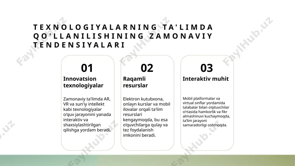 ktiv qiladi. texnologik integratsiya ta'limda texnologiyalarni to‘liq integratsiya qilish, o‘qituvchilar va talabalar o‘rtasida hamkorlikni kuchaytiradi. bu, shuningdek, ta'lim sifatini oshirishda muhim rol o‘ynaydi. individual yondashuv pedagogik innovatsiyalar yordamida har bir o‘quvchining ehtiyojlariga moslashtirilgan ta'lim muhitini yaratish mumkin. bu esa motivatsiya va o‘quv natijalarini yaxshilaydi. kreativlik va mustaqillik zamonaviy texnologiyalar yordamida o‘quvchilarda kreativlik va mustaqil fikrlashni rivojlantirish mumkin. bu, shuningdek, kelajakdagi muammolarni hal qilishda muhim ko‘nikmalarni shakllantiradi. ta'lim tizimida texnologiyalashgan yondashuvlarning afzalliklari va muammolari 1 innovatsion imkoniyatlar - texnologiyalar ta'lim jarayonida yangi imkoniyatlar ochadi, shaxsiylashtirilgan o‘quv dasturlarini yaratish va o‘quvchilarning qobiliyatlarini rivojlantirishga yordam beradi. 2 ijobiy tomonlari - texnologiyalashgan yondashuvlar ta’lim sifatini oshiradi, interaktivlikni ta’minlaydi, masofadan ta’lim imkoniyatlarini kengaytiradi va o‘quv jarayonini qiziqarli qiladi. 3 muammolari - resurslar va texnologik infratuzilma yetishmasligi, pedagoglarning malakasi va xavfsizlik muammolari texnologiyalashgan ta'limda muhim muhokama zaruriyatini keltirib chiqaradi. 4 ijtimoiy muvofiqlik - texnologiyalar ba'zan o‘qituvchilar va talaba o‘rtasidagi interaktivlikni cheklab qo‘yishi, shuningdek, texnologiyaga qaramlikni kuchaytirishi …