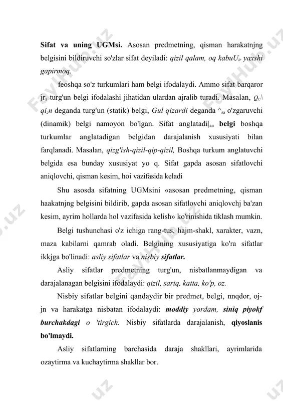 ruvchi sifatlar. 5.maza-ta'm bildiruvchi sifatlar. 6.hid bildiruvchi sifatlar. 7.o'lchov bildiruvchi sifatlar. 8.o'rin bildiruvchi sifatlar. 9.payt bildiruvchi sifatlar. quyida ularning har birini alohida-alohida ko'rib o'tamiz. xususiyat bildiruvchi sifatlar narsa/mavjudotlarning xarakter xususiyatini ifodalashda ko'p qo'llanadi: yoqimtoy, badjahl, muloyim, dilkash, yaxshi, yomon, loqayd kabi. xarakter-xususiyat ijobiy yoki salbiy bo'lishi mumkin. holat bildiruvchi sifatlar narsa/mavjudotlarning holat yoki vaziyatini turg'un belgi sifatida ifodalaydi. holat bildiruvchi sifatlar o'z o'rnida yana ichki guruhlarga bo'linadi: l)tabiiy holat bildiruvchi sifatlar: go'zal, mo'min, o'ktam, cho 'loq, bukir. 2)jismoniy holat bildiruvchi sifatlar: bardam, baquvvat, tetik, yosh. 3)ruhiy holat bildiruvchi sifatlar: xafa, g'amgin, ma'yus, xursand, shod. 4)iqtisodiy holat bildiruvchi sifatlar: boy, badavlat, kambag'al, nochor. 5)harorat holatini bildiruvchi sifatlar: iliq, salqin, sovuq, issiq. 6)tozalik holatini bildiruvchi sifatlar: toza, ozoda, kir, musaffo, isqirt. 7)eskilik, yangilik holatini bildiruvchi sifatlar: yangi, eski, ko 'hna, juldur. 8)ho'l-quruqlik holatini bildiruvchi sifatlar: ho'l, quruq, nam, namxush. 9)tinch va notinch holatni bildiruvchi sifatlar: tinch, jim, jimjit, solan, osuda, osoyishta, bezovta. …