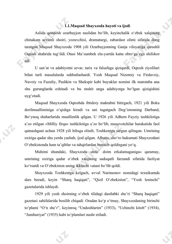 ovuq, tanbal” qo‘llar ham bor, qisqasi, har bir qo‘l “yurakning navkarlaridir”, yurak neni buyursa, qo‘l shuni ijro etadi. maqsud shayxzoda ijodiy balog‘atidan dalolat beruvchi asarlardan biri “toshkentnoma” dostonidir. adabiy jamoatchilik o‘z vaqtida bu dostonni shoirning adabiyotimizning yirik ijodiy muvaffaqiyati sifatida baholadi. chindan ham, “toshkentnoma” shayxzoda dostonlari ichida eng barkamoli bo‘lib, unda shoir shaxsiyatining o‘ziga xos qirralari ancha yorqin namoyon bo‘lgan. dostondagi o‘ziga xoslik shundaki, asar yaxlit voqea asosiga qurilgan emas. shayxzoda ko‘pqirrali iste’dod sohibi edi. u she’rlar va dostonlar bilan birga, juda yuksak badiiy quvvatga ega bo‘lgan dramalar ham yaratdi. shayxzoda umrining so‘ngida yozishga kirishgan, lekin tugatib ulgurmagan “beruniy” dramasini hisobga olmaganda ham, uning “jaloliddin manguberdi” va “mirzo ulug‘bek” dramalari allaqachon xalqimizning badiiy mulkiga aylanib qoldi. shayxzoda ikkinchi jahon urushi yillarida yozgan “jaloliddin manguberdi” (1944) tragediyasida o‘z yurtining ozodligi va mustaqilligi uchun mo‘g‘ul istilochilariga qarshi kurashgan so‘nggi xorazm shohining jangovar jasoratini tarixan aniq va haqqoniy tasvirlagan. oybek bilan g‘afur g‘ulom …