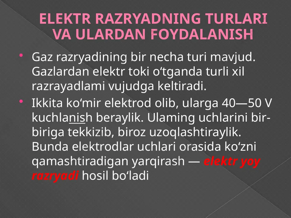 palar yoki kunduzgi lampalar deb ataluvchi lampalarda yorug‘lik manbayi savol va topshiriqlar elektr yoy razryadi qanday hosil qilinadi? elektr yoy razryadidan qanday maqsadlarda foydalaniladi? uchqun razryad qanday hosil qilinadi? tabiatda chaqmoq qanday hosil bo‘ladi? uchqun razryaddan qanday maqsadlarda foydalaniladi? miltillama razryad qanday hosil qilinadi? miltillama razryaddan qanday maqsadlarda foydalanish mumkin? image2.png image3.png image4.png image5.jpeg image6.png image7.png /docprops/thumbnail.jpeg
