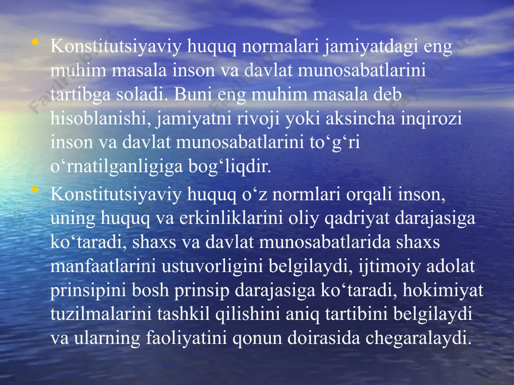 rmalar konstitutsiya asosida davlat organlari va fuqarolar, davlat hokimiyatini amalga oshirish vatashkil etish jarayonida vujudga keladigan munosabatlar asosida tashkil topgan jamiyat tuzilishi, davlat tuzilishi ijtimoiy-iqtisodiy va siyosiy munosabatlarni tartibga soladi va mustahkamlaydi. konstitutsiyaviy-huquqiy munosabatlar, konstitutsiyaviy-huquq normalari bilan tartibga solinadigan ijtimoiy munosabatlar bo‘lib, ularning mazmuni sub'ektlar o‘rtasidagi yuridik aloqalar hisoblanadi va bu aloqalar tegishli huquqiy normalarda ko‘zda tutilgan o‘zaro huquq va burch shaklida bo‘ladi. konstitutsiyaviy-huquqiy munosabatlarning o‘ziga xos xususiyati (boshqa huquqiy munosabatlar­dan) quyidagilarda ko‘rinadi: ular o‘zining alohida mazmuniga ega. bu munosabatlar faqat konstitutsiyaviy huquq predmeti hisoblanadi. bu munosabat alohida sub'ektlar tarkibiga ega. barcha konstitutsiyaviy-huquqiy normalar ham aniq konstitutsiya­viy-huquqiy munosabatlarni vujudga keltirmaydi. masalan, prinsip normalar. ular o‘zining tartibga solish ta'sirini qoida normalar orqali amalga oshiradi. konstitutsiyaviy-huquqiy munosabatlarda ishtirok etuvchilar sub'ektlar deb atalib, bu huquqiy munosabat sub'ektlari doirasi juda keng. sub'ektlar qatoriga fuqaro, shaxs, xalq, millat, davlat, deputat va senatorlar, davlat organlari, nodavlat tashkilotlari, o‘zini o‘zi boshqarish organlari kiradi. saylov kompaniyasi davrida sub'ektlar …