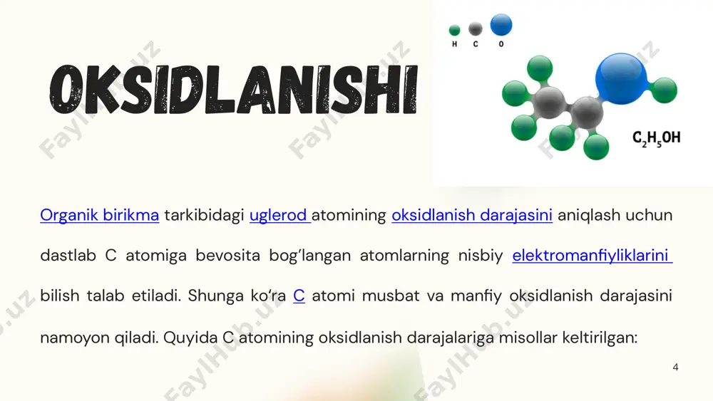 molekulasida uglerodning oksidlanish darajasi nechiga teng? a) 0 b) -2 c) +2 d) -4 13 7. quyidagi birikmalardan qaysi biri uglerodning to‘liq oksidlanishiga misol bo‘ladi? a) c₂h₅oh + [o] → ch₃cho + h₂o b) ch₄ + 2o₂ → co₂ + 2h₂o c) ch₃cho + [o] → ch₃cooh d) c₂h₄ + h₂ → c₂h₆ 8. organik moddalarda uglerodning oksidlanish darajasi qanday aniqlanadi? a) kislorod va vodorod atomlari soniga qarab b) molekuladagi uglerod atomlari soniga qarab c) azot atomlari soniga qarab d) kislorod va azot atomlari soniga qarab 9. organik moddalarning biologik oksidlanish jarayonida nimalar hosil bo‘ladi? a) uglerod oksidi va kislorod b) suv va karbonat angidrid c) suv va vodorod d) uglerod oksidi va azot 10. quyidagi birikmalardan qaysi birida uglerodning oksidlanish darajasi +4 ga teng? a) ch₄ b) co₂ c) c₂h₆ d) ch₃ch₂oh etiboringiz uchun rahmat. boltayeva farangiz 14 image1.png image2.png image3.png image4.png image5.png image6.png image7.png image8.png image9.png image10.png image11.png …