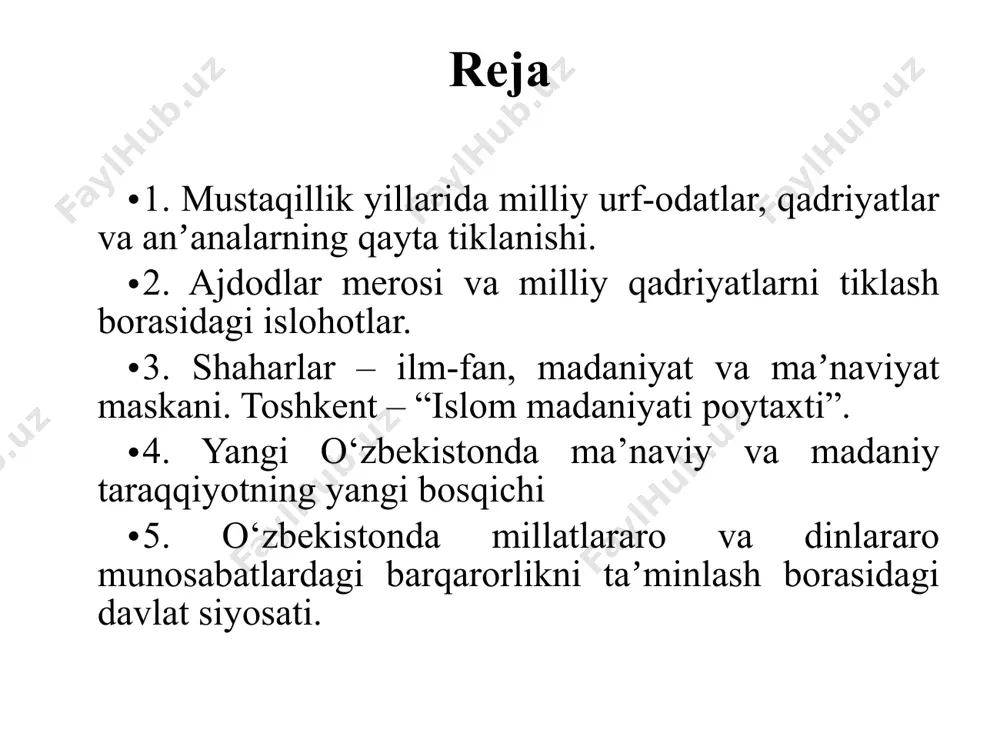 tashkil etgan davlatning asosi juda katta va ma’naviy zaminga qurilgan hamda ushbu davlatning asosiy ustuni ma’naviylik bo‘lgan edi. amir temur o‘z vazirlari oldiga ham qat’iy ahloqiy talab va majburiyatlar qo‘yadi, islomning ma’naviy tarbiyadagi mavqeiga sohibqiron alohida e’tibor beradi va din peshvolariga alohida izzat hurmatda bo‘ladi. har bir ishini boshlashdan avval, albatta dinga murojaat qilganligi, bu esa uning e’tiqodi qanchalar mustahkamligini, ma’naviyati yuksakligini bildiradi. shuningdek, amir temur to‘la ravishda asoslangan ma’naviy talablar, ehtiyojlar tamoyillariga tayangan xolda o‘sha davrda ma’naviy madaniyat taraqqiyotiga katta ishonch bilan qaragan. davlat boshqaruvi adolat, bunyodkorlik va xalq farovonligiga qaratilgan. buyuk mutafakkir alisher navoiy o‘z asarlarida adolatga, odillikka, mehnatsevarlikka inson ma’naviyatiga asosiy e’tibor bergan. o‘tmishda o‘zbek xalqining milliy urf-odatlari, qadriyatlari, an’analari, marosimlari kamsitilib, madaniy merosi, tarixiy yodgorliklarining qarovsiz holatga keltirilishi. buxor bolohovuz xonaqosida oshxona joylashtirildi. sitorai moxi xosa saroyining yangi qismida buxoro shahar muzeyining bo‘limi, eski qismida shahar ijroiya qo‘mitasi sog‘liqni saqlash bo‘limining dam olish uyi joylashtirildi. masjidi …
