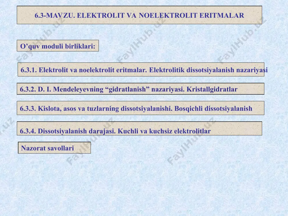 mukofotiga sazovor bo’lgan. arrenius nazariyasi elektrolitlarning suvdagi eritmalari orqali elektr toki o’tishi sababini izohlab berdi. bu nazariyaga ko’ra noelektrolit moddalarning suvdagi eritmalarida ionlar bo’lmaydi. elektrolitlarning eritmalaridagina ionlar bo’ladi. shuning uchun ham elektrolitlar orqali tok o’tadi, chunki ionlar elektr tokini “tashiydi”. arrenius nazaryaisi elektroliz vaqtida musbat ionlarning katodga, manfiy ionlarning anodga borishini ham to’la izohlab berdi. 6.3.1. elektrolit va noelektrolit eritmalar. elektrolitik dissotsiyalanish nazariyasi * 7 elektrolitlar suvdagi eritmalarida yoki suyuqlanmalarida musbat va manfiy zaryadlangan ionlarga dissotsiyalanadi. musbat zaryadlangan ionlar kationlar, manfiy zaryadlangan ionlar anionlar deyiladi. masalan, hcl suvdagi eritmasida h+ va cl– ionlariga, naoh eritmasida na+ va oh– ionlariga, nacl esa na+ va cl– ionlariga dissotsiyalangan holda bo’ladi ionlarning uzluksiz harakati elektr tokini o’tkazishga sabab bo’ladi. elektrolit ionlarga ajralganda bitta molekuladan ikki va undan ortiq ion hosil bo’lishi natijasida eritmadagi zarrachalarning umumiy soni ortadi. * 7 6.3.2. d. i. mendeleyevning “gidratlanish” nazariyasi. kristallgidratlar * 7 6.3.3. kislota, asos va tuzlarning …