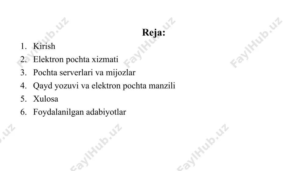 qdim etiladi. bu xizmatlarni olish uchun, foydalanuvchilar o'zlarining shaxsiy electron pochta manzillarini olishlari lozim. shu manzillar orqali xabarlarni yuborish, qabul qilish, xabarlarini saqlash, bir-birlari bilan munosabatda bo'lish va boshqa xizmatlardan foydalanish mumkin. bu xizmatlarni olish uchun, foydalanuvchilar o'zlarining shaxsiy elektron pochta manzillarini olishlari lozim. shu manzillar orqali xabarlarni yuborish, qabul qilish, xabarlarini saqlash, bir-birlari bilan munosabatda bo'lish va boshqa xizmatlardan foydalanish mumkin. elektron pochta xizmati faqat pochta serverlari (mail servers) va mijozlar (users) orasida o'tiladi. elektron pochta yuborish va qabul qilish uchun standart protokollar, masalan, smtp (simple mail transfer protocol) va imap (internet message access protocol) yoki pop3 (post office protocol version 3) ishlatiladi. bu protokollar mijozlar va serverlar orasida elektron xabarlar almashish va yuborishni amalga oshirish uchun lozim bo'lgan qo'llanmalardir. elektron pochta xizmati faqat pochta serverlari (mail servers) va mijozlar (users) orasida o'tiladi. elektron pochta yuborish va qabul qilish uchun standart protokollar, masalan, smtp (simple mail transfer protocol) va …