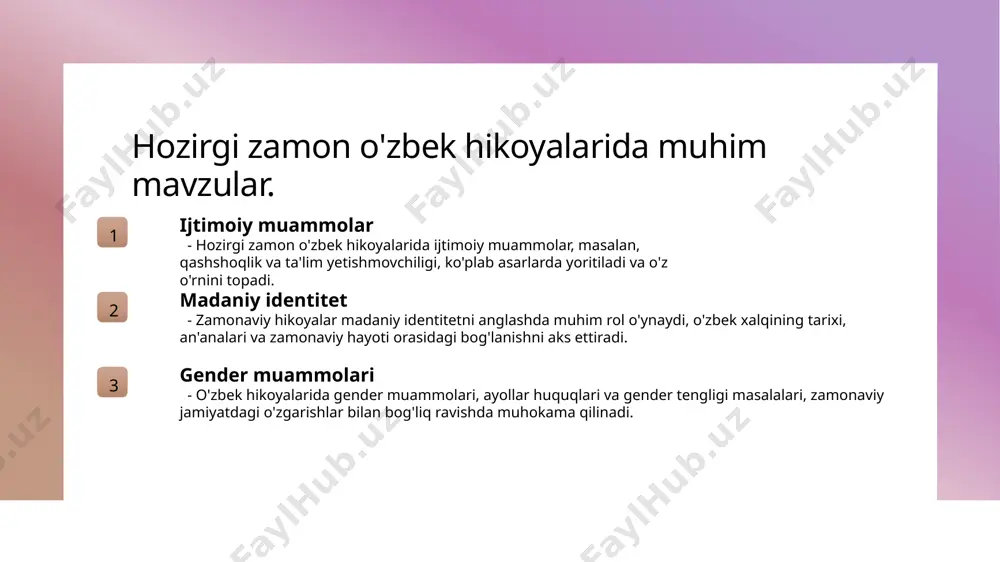 tlar va zamonaviy hayot o'rtasidagi bog'lanishni ko'rsatadi, o'zbek identitetini mustahkamlaydi. o'zbek hikoyalari orqali madaniy identitetni anglash. 01 milliy an'analar o'zbek hikoyalarida milliy an'analar, madaniyat va urf-odatlar yoritilib, o'zbek xalqining tarixi va hayotini aks ettiradi. 02 madaniy qadriyatlar hikoyalar orqali o'zbek millatining qadriyatlari, odob-axloq, mehr-muhabbat va o'zaro hurmat kabi muhim jihatlar ko'rsatiladi. 03 identitetni yaratish zamonaviy o'zbek hikoyalari, o'zbeklik identitetini shakllantirishda muhim rol o'ynaydi, yosh avlodga o'zligini anglashga yordam beradi. 04 global ta'sir o'zbek hikoyalari, globalizatsiya jarayonida o'zbek madaniyatini saqlash va rivojlantirishda muhim vosita sifatida xizmat qiladi. hikoyalar orqali ijtimoiy muammolarni yoritish. 01 ijtimoiy muammolar zamonaviy o'zbek hikoyalarida ijtimoiy muammolar, masalan, ta'lim, sog'liqni saqlash va iqtisodiy qiyinchiliklar keng yoritiladi. 02 hikoyalar va voqealar hikoyalar orqali voqealar va shaxsiy tajribalar orqali ijtimoiy muammolarni aks ettirish, o'quvchilarga chuqur ta'sir ko'rsatadi. 03 o'zgarishlar va yechimlar o'zbek hikoyalarida ijtimoiy o'zgarishlar va yechimlarga qaratilgan fikrlar, jamiyatning turli qatlamlariga ta'sir ko'rsatadi va ularni harakatga keltiradi. 04 madaniyat …