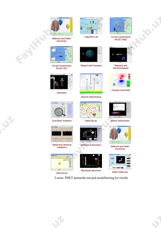 lardan fizika, matematika, ximiya va biologiya fanlaridan dars mashg‘ulotlarida namoyish tajribalari sifatida, virtual laboratoriya mashg‘ulotlarini tashkillashtirishda keng foydalanish mumkin. xususan fizika faniiga oid 90 dan ortiq modellar mavjud; biologiya faniga oid 10 dan ortiq modellar mavjud; matematika faniga oid 7 ta model mavjud; ximiya faniga oid 20 dan ortiq modellar mavjud. dasturda keltirilgan modellarni faqat ingiliz tilida emas. balki 50 dan ortiq tilga tarjimalarini topish mumkin, xususan o‘zbek tilida 1 ta model tarjima qilingan. agar siz dasturda keltirilgan modellarni o‘zbek tiliga tarjima qilishni hoxlasangiz, xech qanday qiyinchiliksiz bu niyatingizni amalga oshirishingiz mumkin. buning uchun dasturning rasmiy saytida “translated sims” bandi mavjud bo‘lib, u yerga kirib maxsus qaydnomani tuldirgan holda tegishli modelni tanlab o‘zbek tiliga tarjima qilishingiz mumkin. phet dasturida har xil fanlar kesimidagi modellarning ko‘rinishini qo‘yidagi rasmda ko‘rishingiz mumkin: 2-rasm. phet dasturida mavjud modellarning ko‘rinishi 3-rasm. phet dasturining “elektr va magnitezm” bo‘limiga oid modellar 4-rasm. phet dasturida mavjud modellarning ko‘rinishi …