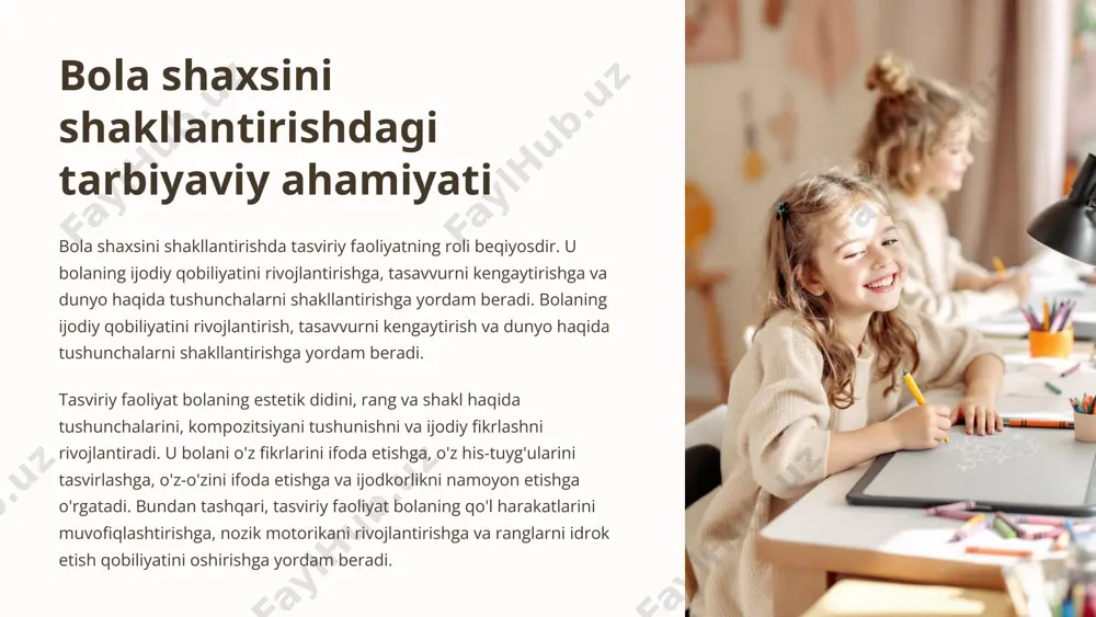 etishga yordam beradi. ularning ishlarini baholaydi va o'z qobiliyatlarini rivojlantirish uchun qo'llab-quvvatlaydi. tasviriy faoliyatning samaradorligi tarbiyachining shaxsiy sifatlari va kasbiy tajribasiga bog'liq. 1 rejalashtirish mashg'ulotlar mavzusini va maqsadlarini belgilaydi. 2 yo'naltirish bolalarga kerakli materiallar va usullarni tanlashda yordam beradi. 3 rag'batlantirish bolalarning ijodiy ijodiyotini qo'llab-quvvatlaydi va ularni rag'batlantiradi. 4 baholash olingan natijalarni baholash va kelajakdagi mashg'ulotlar uchun yo'nalishlarni aniqlash. 5 tarbiyachi uchun zarur bo'lgan maxsus ko'nikmalar tasviriy faollikni tushunish tarbiyachi tasviriy faoliyatning turli turlarini, material va texnikalarini chuqur tushunishi kerak. bola rivojlanish bosqichlari va qobiliyatlarini hisobga olib, tegishli mashg'ulotlarni tanlay olish muhimdir. bolalar bilan muloqot qilish bola ijodini rag'batlantirish, ularga g'oyalar berish va muammolarni hal qilishda yordam berish tarbiyachining muhim vazifasidir. yumshoq va sabrli muloqot muhit yaratish bola ijodini rivojlantirishga yordam beradi. tasviriy faoliyat texnikasini bilish tarbiyachi turli tasviriy faoliyat texnikalarini o'zlashtirishi va ularni bolalarga tushuntirish imkoniyatiga ega bo'lishi kerak. bu rasm chizish, haykaltaroshlik, applikatsiya va boshqa turli usullarni o'z …