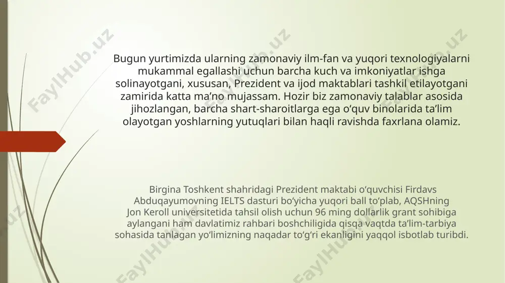 otgan kreditlar miqdorining 50 foizidan oshmagan miqdorda kafilliklar berish kabi imtiyozlarni amalga oshirdi. shuningdek, dastur doirasida yosh tadbirkorlarning biznes tashabbuslari, startap, g‘oya va loyihalarini amalga oshirishda maslahat, huquqiy, buxgalteriya va boshqa xizmatlar ko‘rsatish, forumlar, master klass hamda seminarlar tashkil etish maqsadida «yosh tadbirkorlar» kovorking markazlari ham amaliy yordamga yo‘naltirilgandi. o‘zbekistondagi barcha o‘zgarishlarning negizi hisoblangan ta’lim-tarbiya tizimida ham tub islohotlar olib borilmoqda. ayni vaqtda ta’lim, shu jumladan, ijtimoiy soha uchun xarajatlar miqdori davlat byudjeti xarajatlari umumiy qiymatining yarmidan ko‘prog‘ini tashkil etmoqda. tabiiyki, har qanday davlat ham bunday katta xarajatlarni ko‘tara olmaydi, ammo qanchalik og‘ir bo‘lmasin, buning uchun zarur mablag‘ va resurslar izlab topilmoqda. shuningdek, mamlakat miqyosidagi 12 mingdan ziyod sport inshootiga yoshlarni maksimal darajada qamrab olish choralari ko‘rilib, barcha umumta’lim maktablari sport anjomlari bilan to‘liq jihozlanadi. shu bilan birga, olis va chekka hududlarda yengil konstruksiyali sendvich panellardan kichik sport zallari va sun’iy qoplamali maydonlar quriladi. bolalar va o‘smirlar sport maktablari soniyanada …