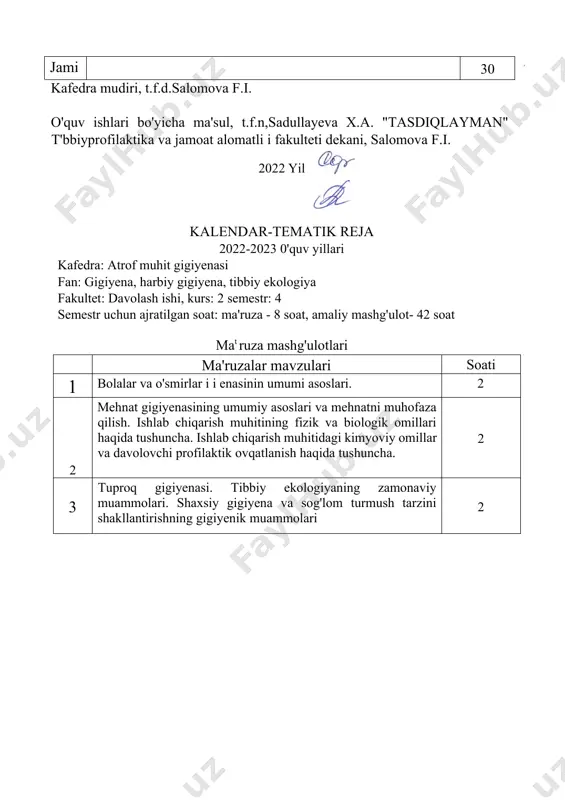 ining kimyoviy moddalar bilan ifloslanganli ini tekshirish va baholash eks ress-usullar 2 9 korxonada so 'lomlashtirish tadbirlari 3 io favqulotda vaziyatlar va halokatlarda uash ishining gigiyenik jihatlari. tabiiy va texnogen halokatlarni bartaraf etishda uashning o'rni. 3 il o'zr aholisining eng muhim yuqumli bo'lmagan kasalliklari profilaktikasining gigiyenik jihatlari. dpmda sanitar va e idemiyaga arshi tartibni ta'minlashnin i i enik • ihatlari. 3 12 kazarma va dala sharoitida harbiy xizmatchilarni joylashtirishning sanitar nazorati. 3 13 rm va zm bilan zararlangan hududda harbiy xizmatchilarni ov atlanitirish va suv ta'minoti sanitar nazorati. 3 14 radioaktiv va zaharlovchi moddalar bilan zararlangan zonada harbiy xizmatchilarni sanitariya nazorati. maxsus ishlov berish usullari. 3 15 harbiy mehnat sharoitlarining sanitar nazorati. yakuni nazorat 3 jami 42 kafedra mudiri, t.f.d. c29r salomova f.i. o' quv ishlari bòyicha ma' sul, t.f.n. sadullayeva x.a. «utverjdayu» dekan fakulteta medikoprofilakticheskogo i obshestvennogo 2022 g.salomova kalendarno-tematicheskiy plan 2022-2023 u.g. kafedra: gigiena okrujayushey sredi predmet: gigiena, …