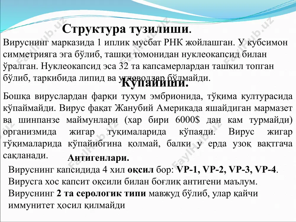 топилган ва у кейинчалик «дейн заррачаси» деб аталган. гепатит в вируси. (hbv). ушбу вирус гепадновируслар оиласига киради. бу вирус биринчи марта антиген сифатида 1963 йилда австралияда беморнинг қон зардобидан серологик усулида аниқланган. шунинг учун хам «австралия антигени» деб ном олган. вирус заррачаси (вирион) биринчи бор 1970 - йили д.дейн томонидан касал одамнинг нажасидан электрон микроскоп ёрдамида топилган ва у кейинчалик «дейн заррачаси» деб аталган. морфологияси. дейн заррачаси сферик шаклда бўлиб, 42 - 45 нм. ҳажмга эга. вирионнинг мағзи, яъни нуклеокапсиди икосоэдр тип симметриясига эга бўлиб, 180 та капсомерлардан ташкил топган. вирион ташқи томонидан липопротеиндан иборат капсид билан ўралган. вируснинг кимёвий таркиби днк, оқсил, липид, углеводлар, днк полимераза ва протеинкиназа ферментларидан иборат gepatit b антигенлари. вирус (дейн заррачаси) қобиғида юза жоилашган эркин ҳолдаги hbs антигени, ўзак қисмида жойлашган нbс антигени ва нbе, нbx антигенлари мавжуд. нbс нуклеопротеид табиатлик, нbе эса нbс каби ўзак антигени бўлиб ҳисобланади. hbs - протеин активлик хоссасига …