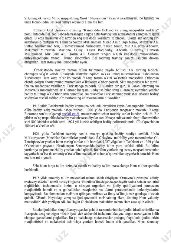 ng miniatyura turini gullab- yashnagani ham buning yaqqol dalilidir. amir temur davrida miniatyura va kitob grafikasi shunchalik tez rivojlandiki, u na faqat sharq, hattoki evropa mamalakatlari san`atiga ham o`z ta`sirini ko`rsatdi. natijada, samarqand, buxoro, xirot miniatyura maktablari bilan bir qatorda bag`dod, tabriz, sheroz, ozarbayjon, xind, isfaxon, turk miniatyura makatblari ham shakllandi va rivojlandi. mazkur miniatyura maktablari rassomchilikdan kasbiy ta`lim yo`nalishida rivojlangan bo`lsa-da, lekin ulardan umumiy ta`lim tizimidagi tasviriy san`atni o`qitishda bemalol foydalansa bo`ladi. xususan, umumiy o`rta ta`lim maktablari uchun tayyorlangan dasturlarda san`atshunoslik asoslari, rangtasvir va qalamtasvir ishlash, naturaga qarab tasvirlash, borliqni idrok etish bo`limlari mavjud bo`lib, kasbiy badiiy va umumiy badiiy ta`lim tizimlari o`rtasiga qat`iy chegara qo`yib bo`lmaydi. tasviriy san`atning nazariy asoslari hisoblangan rang, hajm, perspektiva, kompozitsiya asoslari kabilar, ham kasbiy, ham umumiy ta`lim tizimida o`rganiladi. faqat tasviriy san`atni o`qitilishida talaba va bolalarning yoshlari, idroki, psixologik xususiyatlari, tasviriy malakalari hisobga olinishi lozim, xolos. tasiriy san`at tarixida buyuk naqqosh va musavvir …