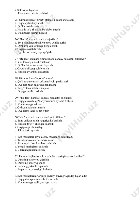 darsning yakunlov qismida d. faqat nazariy mashg‘ulotlarda 33 saf mashqlarida "orqaga qadam" buyrug‘i qanday bajariladi? a. orqaga bir qadam bosib, tik turiladi b. yon tomonga egilib, orqaga qarash s. orqaga o‘girilib, joyida turish d. orqaga sakrab turish 34 umumrivojlantiruvchi mashqlarning asosiy xususiyati nima? a. barcha mushak guruhlarini rivojlantirish b. faqat yuqori tana qismini rivojlantirish s. oyoq mushaklarini kuchaytirish d. tana egiluvchanligini oshirish 35 saf mashqlarida "chapga burilish" buyrug‘i qanday bajariladi? a. chap tomonga 90 daraja burilish b. o‘ng tomonga egilish s. joyidan harakatsiz tik turish d. orqaga qarab aylanish 36 umumrivojlantiruvchi mashqlarni bajarish jarayonida qaysi jihatga e’tibor berish muhim? a. harakatlarning to‘g‘ri bajarilishiga b. mashg‘ulot davomiyligiga s. musiqa tanlashga d. guruhning joylashish tartibiga 37 saf mashqlarini qanday shaklda o‘tkazish tavsiya etiladi? a. buyruq va namoyish orqali b. faqat nazariy tushuntirish orqali s. harakatli o‘yinlar yordamida d. musobaqa shaklida 38 umumrivojlantiruvchi mashqlarning o‘tkazilish usuli qanday? a. qadamma-qadam ko‘rsatib, tushuntirib bajarish b. …