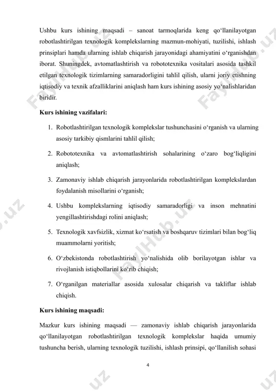 logik xavfsizlik, xizmat ko‘rsatish va boshqaruv tizimlari bilan bog‘liq muammolarni yoritish; 6. o‘zbekistonda robotlashtirish yo‘nalishida olib borilayotgan ishlar va rivojlanish istiqbollarini ko‘rib chiqish; 7. o‘rganilgan materiallar asosida xulosalar chiqarish va takliflar ishlab chiqish. kurs ishining maqsadi: mazkur kurs ishining maqsadi — zamonaviy ishlab chiqarish jarayonlarida qo‘llanilayotgan robotlashtirilgan texnologik komplekslar haqida umumiy tushuncha berish, ularning texnologik tuzilishi, ishlash prinsipi, qo‘llanilish sohasi va samaradorligini chuqur o‘rganish hamda ushbu komplekslarning sanoatdagi ahamiyati va istiqbollarini aniqlashdan iborat. asosiy qism 1-bob. ishlab chiqarishni kompleks avtomatlashtirishda robotlarning roli. robotlar bo‘yicha umumiy tushunchalar 1.1. robotlar haqida umumiy tushunchalar va ta’riflar. “robot” so‘zi birinchi marotaba 1920 yilda chex yozuvchisi k. chapekning “rur” (rossum universal robotlari) pesasida ishlatilgan. robot tushunchasi keng doiradagi turli sistemalar va qurilmalar bilan bog‘liq. robotning turli xil avtomatik sistemalar va qurilmalardan asosiy farqi, unda odam harakatlariga o‘xshash harakatlar qila oladigan organning ya’ni mexanik qo‘l (manipulyatorlar) ning borligi va u yordamida robot tashqi muhitga ta’sir qilish …