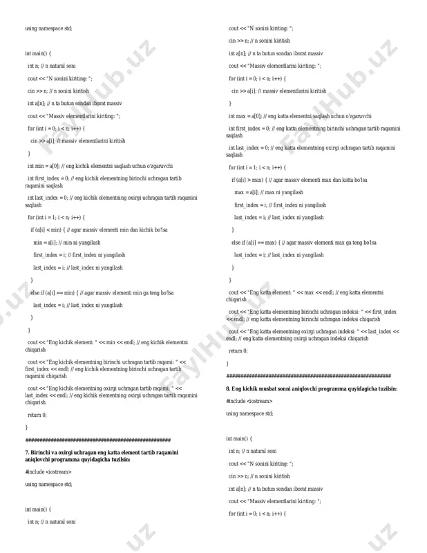 [n]; // chap qo'shnisidan katta bo'lgan elementlarning indekslarini saqlash uchun massiv int c[n]; // chap qo'shnisidan katta bo'lgan elementlarning qiymatlarini saqlash uchun massiv int count = 0; // chap qo'shnisidan katta bo'lgan elementlarning sonini hisoblash uchun o'zgaruvchi for (int i = n - 1; i > 0; i--) // massivni o'ngdan chapga bo'ylab tekshirish { if (a[i] > a[i - 1]) // agar chapdagi elementdan katta yoki teng bo'lsa { b[count] = i; // indeksini b massiviga saqlash c[count] = a[i]; // qiymatini c massiviga saqlash count++; // sonini oshirish } } cout using namespace std; int main() { // n sonini kiritamiz int n; cout > n; // n ta elementni kiritamiz int array[n]; cout > array[i]; } // birinchi uchragan lokal minimum elementi indeksini topamiz int index = -1; // lokal minimum elementi indeksi uchun o'zgaruvchi for (int i = 1; i using namespace std; int main() { …