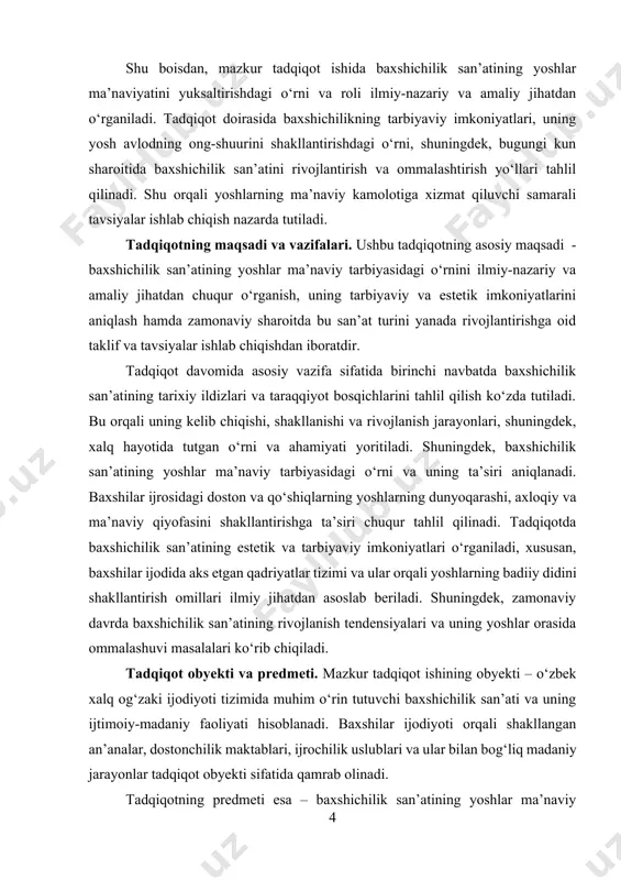 yoshlar orasida ommalashuvi jarayonlaridir. tadqiqot predmeti doirasida baxshichilik san’atining yoshlarning milliy ongini shakllantirishdagi o‘rni, tarbiyaviy samaradorligi hamda uning jamiyat taraqqiyotidagi ahamiyati ilmiy jihatdan o‘rganiladi. tadqiqotning ilmiy yangiligi. ushbu tadqiqot ishining ilmiy yangiligi, avvalo, baxshichilik san’atining yoshlar ma’naviy tarbiyasidagi o‘rni va ahamiyati ilk bor tizimli va kompleks tarzda ilmiy-nazariy hamda amaliy asosda o‘rganilganida namoyon bo‘ladi. tadqiqot jarayonida baxshilar ijodiyoti va uning tarbiyaviy, estetik imkoniyatlari chuqur tahlil qilinib, yoshlarning milliy ongini shakllantirish, vatanparvarlik ruhini yuksaltirish va ma’naviy-axloqiy qadriyatlarini mustahkamlashga xizmat qiluvchi jihatlar aniqlab beriladi. shuningdek, baxshichilik san’atining zamonaviy globallashuv sharoitidagi o‘rni va yoshlar orasida ommalashuvi masalalariga e’tibor qaratilib, bu yo‘nalishda ilgari kam tadqiq qilingan dolzarb muammolar ilmiy asosda tahlil qilinadi. baxshichilik san’atini rivojlantirish va uning yoshlar tarbiyasidagi rolini kuchaytirishga qaratilgan amaliy tavsiyalar ishlab chiqiladi. tadqiqot natijalarida xalqaro tajribalar asosida milliy baxshichilik maktablarining istiqboliga oid yangicha ilmiy qarashlar ham taklif etiladi. natijada, mazkur tadqiqot o‘zbek baxshichilik san’atining yoshlar ma’naviyatini shakllantirishdagi o‘rnini ilmiy jihatdan …