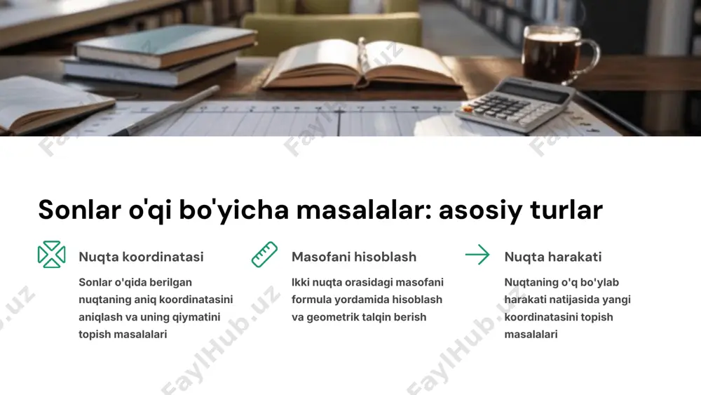 i qo'llash trigonometrik funksiyalarni noto'g'ri tanlash. masala shartiga mos formulani ehtiyotkorlik bilan tanlang. grafik xatolari koordinata tekisligida nuqtalarni noto'g'ri joylashtirish. har doim koordinatalarni ikki marta tekshiring. samarali yechish uchun maslahatlar 1 chizma chizing masalaning mohiyatini tushunish uchun har doim aniq va tushunarli chizma tayyorlang 2 formulalarni aniqlang masala turiga mos keladigan formulalarni oldindan ajratib oling va ketma-ketlikni belgilang 3 natijani tekshiring hisoblash natijalarini mantiqiy jihatdan baholang va mumkin bo'lsa, boshqa usul bilan tekshiring e'tiboringiz uchun rahmat image1.png image2.png image3.png image4.png image5.png image6.png image7.png image8.png image9.png image10.png image11.png image12.png image13.png image14.png image15.png image16.png image17.png image18.png image19.png image20.png image21.png image22.png image23.png image24.png image25.png image26.png image27.png image28.png image29.png image30.png image31.png image32.png image33.png image34.png image35.png image36.png image37.png image38.png image39.png image40.png image41.png image42.png