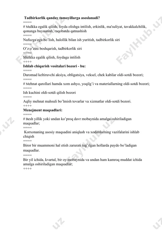 gan maqsadlar; ++++ quyida qayd qilingan tadbirkorlik faoliyatining qaysi biriga o’zbekiston respublikasi vazirlar maqkamasi litsenziya beradi? ==== # qimmatbaho metallari va noyob yer osti metallari bilan bog’liq faoliyatga. ==== farmokologik preparatlar ishlab chiqarish yoki sotish bilan bog’liq faoliyatga. ==== sovuq qurollar ishlab chiqarish va sotish bilan bog’liq faoliyatga. ==== qimmatli qog’ozlarni ishlab chiqarish bilan bog’liq faoliyatga. ++++ mehnat resurslarini boshqarish nima? ==== bu chiqimdagi mahsulo tbirligini kirimdagi mahsulot birligiga nisbati ==== samaradorlik, ilg’orlik, istiqbollilik, kompelekslilik, tezkorlik, maqbullik, oddiylik, ilmiylik, ko’p bo’g’inlilik, avtonomlilik, rejalilik, barqarorlik. ==== #resurslarni rejalashtirish, xodimlarni to’plash, tanlov, ish haqi va imtiyozlarni aniqlash, korxonaga moslashtirish, o’qitish, baholash, mansabdan kutarish, tushirish, rahbar xodimlar tayyorlash. ==== rag’batlantirish, ma’lumotlanish, ishontirish, majburlashusuli. ++++ turmush darajasi nima ? ==== # aholi ehtiyojining qondirilish me'yoridir. ==== ehtiyojlarning yuksalishidir ==== aholining oziq-ovqat mahsulotlariga bo‘lgan ehtiyojining qondirilishi ==== iste'mol tovarlariga bo‘lgan ehtiyojlarning qondirilishi ++++ mehnat unumdorligining omillariga quyidagilarning qaysi biri kiritilmaydi? ==== ishlab chiqarishning texnika-texnologtya darajasi …