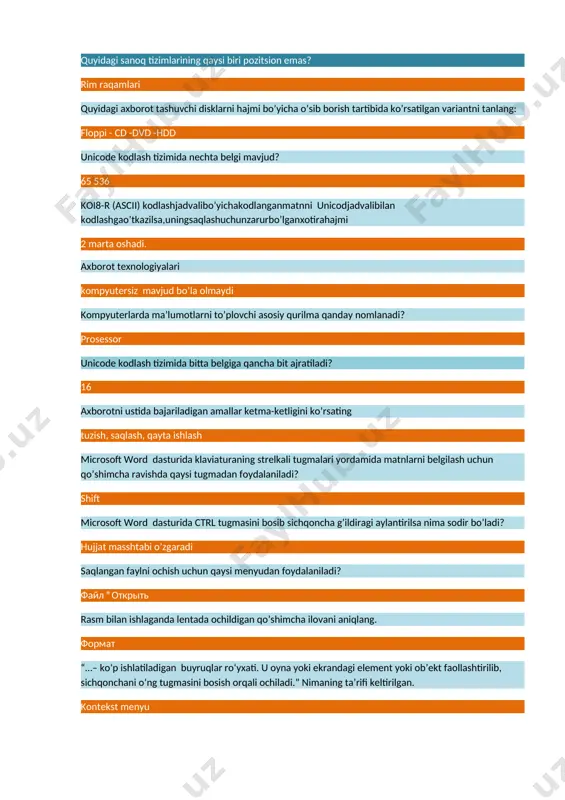 atnlarni belgilash uchun qo’shimcha ravishda qaysi tugmadan foydalaniladi? shift microsoft word dasturida ctrl tugmasini bosib sichqoncha g’ildiragi aylantirilsa nima sodir bo’ladi? hujjat masshtabi o’zgaradi saqlangan faylni ochish uchun qaysi menyudan foydalaniladi? файл ®открыть rasm bilan ishlaganda lentada ochildigan qo’shimcha ilovani aniqlang. формат “…– ko‘p ishlatiladigan buyruqlar ro‘yxati. u oyna yoki ekrandagi element yoki ob’ekt faollashtirilib, sichqonchani o‘ng tugmasini bosish orqali ochiladi.” nimaning ta’rifi keltirilgan. kontekst menyu microsoft word dasturiga yuklangan joriy hujjatda «ctrl+home» tugmalar birikmasi bosilsa nima sodir bo’ladi? hujjatning boshiga o’tish (переход к началу документа) word 2010 da matnga jadval o’rnatish uchun: вставка (o’rnatish) varaqasidan таблица buyrug’i beriladi excel 2010 ni kataklar manzilida ae1987 yozuvi keltirilgan. bu excel 2010 kataklar manzilini (adresini) ifodalovchi darcha bo’lib u ae1987 katak manzillini ifodalaydi microsoft excel 93-2003 ilovalarda yaratilgan fayl kengaytmasini aniqlang. *.xls excelda bir hisoblash maydoniga tegishli u yoki bu qiymatlari foydalanuvchi tomonidan o’zgartirilganda (tahrirlanganda), qaralayotgan jadvalning boshqa hisoblash maydonlaridagi qiymat qanday …