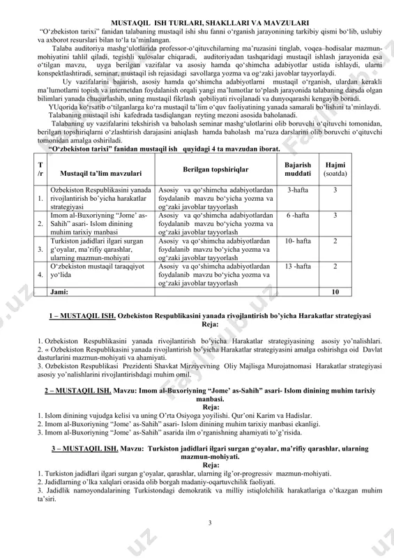 iyasining turkistonda yuritgan ijtimoiy – iqtisodiy va ma’naviy - madaniy tadbirlarining mustamlakachilik mohiyati. 3. chorizmning aholini ko‘chirish siyosati, uning asoratli oqibatlari. 4. jadidlik harakatining vujudga kelishi, uning progressiv mazmun-mohiyati va faoliyati. 9-seminar – 2 soat. mavzu. sovet hokimiyatining o‘rnatilishiga qarshi qurolli harakat r e j a 1. turkiston muxtoriyati va uning fojiali takdiri. 2. farg‘ona vodiysi– qurolli harakat markazlaridan biri. bu erdagi xarakatlarning moxiyati, harakatlantiruvchi kuchlari. 3. xiva xonligining tugatilishi va sovet tuzumiga qarshi qurolli harakat. 4. buxoro amirligining tugatilishi va sovet tuzumiga qarshi qurolli harakat. 10-seminar – 2 soat. mavzu. sovet hokimiyatining o‘zbekistonda yuritgan qatag’onlik siyosati, uning mohiyati va oqibatlari r e j a 1. xx asr 20-yillari oxirlarida sovetlar mamlakatida ma’muriy- buyruqbozlik, byurokratik tuzumining qaror topishi. 2. kompartiya va sovet hokimiyatining 20-30-yillarda o‘zbekistonda yuritgan qatag‘on siyosati, uning bosqichlari, respublika ijtimoiy, madaniy hayotiga asoratli ta’siri. 3. sovet hokimiyatining urushdan keyingi amalga oshirgan yillarda qatag‘on siyosati va uning oqibatlari. 4. …