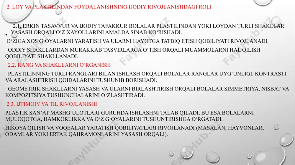 ligi va ularni qanday qilib birlashtirish mumkinligini tushunish orqali rejalashtirish qobiliyati rivojlanadi. --- 6. ijodiy tafakkurning kengayishi ijodiy fikrlashni rivojlantirish uchun quyidagi usullar foydali bo‘lishi mumkin: 6.1. qisqa vaqt ichida shakl yasash bolalar ma’lum vaqt ichida turli shakllarni yaratishga harakat qilishlari mumkin. bu ularning tezkor fikrlash qobiliyatini oshiradi. 6.2. fantaziya va hikoya tuzish bolalar o‘zlari yaratgan hayvon yoki qahramon haqida kichik hikoya tuzishlari mumkin. bu nafaqat ijodiy tafakkurni rivojlantiradi, balki nutq va mantiqiy fikrlashni ham kuchaytiradi. 6.3. rangli plastilindan yangi ranglarni yaratish plastilin aralashtirish orqali yangi ranglar hosil qilish usullari bolalarga rang tushunchasini chuqurroq o‘rganishga yordam beradi. bu san’at va dizayn qobiliyatlarini rivojlantirish uchun muhimdir. 7. plastilin va loyning psixologik foydalari plastilin yoki loy bilan ishlash bolalarga quyidagi psixologik foydalarni ham beradi: 7.1. stressni kamaytirish plastilin bilan ishlash qo‘llarni tinchlantiradi, mushaklarni bo‘shashtiradi va bolalarni tinchlantiradi. bu ayniqsa, hissiyotlarini ifodalashda qiynaladigan bolalar uchun foydalidir. 7.2. diqqatni jamlashni yaxshilash shakllarni yasashga e’tibor …