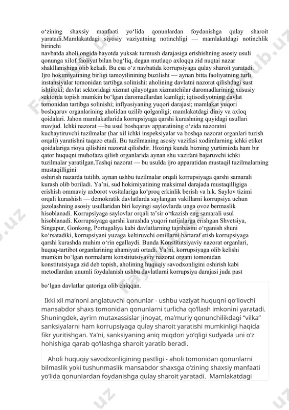 ng poraxo‘rligi qattiq tashvishga solganligi bizgacha saqlanib qolgan manbalardan ma’lum. chunki bu holat davlatning obro‘siga juda qattiq putur yetkazardi. dunyoning yetakchi dinlarida ham birinchi navbatda huquqni muhofaza qiluvchi organlarning poraxo‘rligi qattiq qoralanadi. jumaladan, injilda “sovg‘alarni qabul qilma, chunki sovg‘a ko‘rni ko‘radigan qiladi va haqiqatni o‘zgartiradi” deyilgan bo‘lsa, qu’roni karimda “boshqalarning mulkini nohaq yo‘l bilan olmangiz va boshqalarga tegishli bo‘lgan narsalarni olish uchun o‘z mulkingizdan hokimlaringizga pora qilib uzatmangizlar” deyilgan. xviii asrning ikkinchi yarmiga kelib jamiyat davlat boshqaruv apparatining ish sifatiga toboro ko‘proq ta’sir ko‘rsata boshladi. bu o‘sha davrda qabul qilingan bir qator qonun hujjatlarida o‘z aksini topgan. jumladan, 1787-yilda qabul qilingan aqsh konstitutsiyasida pora olish aqsh prezidentini impechmentga tortish mumkin bo‘lgan ikki jinoyatning biri sifatida ko‘rsatib o‘tilgan. siyosiy partiyalarning vujudga kelishi va ularning mamlakat hayotidagi o‘rnining oshib borishi xix-xx asrlarda rivojlangan davlatlarda korrupsiyaning dunyoning boshqa mamlakatlariga nisbatan ancha kamayishiga olib keldi. ushbu illatni tadqiq qilgan bir qator yirik mutaxassislar quyidagi …