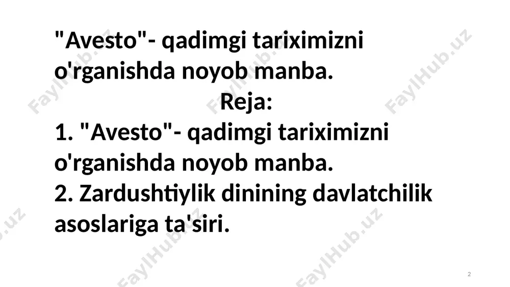 mol terisiga bitilgan. makedoniyalik iskandarning buyrug'i bilan zardushliylik ibodatxonalari vayron qilingan va «avesta»ning 5 dan 3 qismi ham kuydirilgan. doro i iskandar zulqarnayn «avesta» qismlari jamlanib, pahlaviy tilida yangidan kitob holiga keltirilgan. saqlangan qismi gotlar yasna yashtlar vispirad vandidot kichik avesta avesta- ko`p xudolik dini. axura mazda- ezgulik, yorug'lik, yaxshilik, baxt-iqbol xudosi axriman- yomonlik, yovuzlik, qorong'ulik, razolat timsoli avesta- ko`p xudolik dini. anaxita (nohid)- hosildorlik xudosi mitra- quyosh xudosi zardushtiylikning muqaddas unsurlar. suv tuproq olov havo zardushtiylar jasadni yoqmaydi, ko`mmaydi, suvga tashlamaydi va ochiq havoda odamlar orasida qoldirmaydi. tog`larda qoldirilgan jasad suyagini ossuariyga solib qo`yadi. ossuariy (ostadon) mery boys a. dyuperon mery boys- ingliz olimi hindlar orasida 10 yil yashab, zardushtiylik dini qoidalarini o`rganadi a. dyuperon- fransuz olimi avestani tarjima qildi. zardushtiylar ibodatni ochiq osmon ostida, gulxan atrofida o`tkazishgan. vatanimizda «avesta»ning 2700 yilligi nishonlanishi munosabati bilan u ilk bor o'zbek tiliga tarjima qilinib, 2001 - yilda nashr etildi. xorazmda zardushtiylikka …