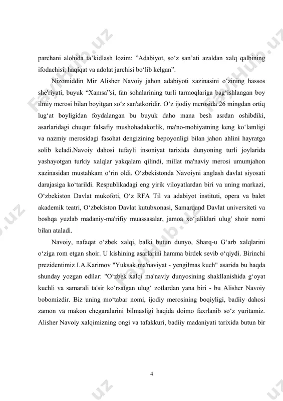 . ikkinchi qismda tasavvufiy allomalar va ular hayoti bilan bog‘liq hikoyatlar uchraydi. uchinchi qismda pand-nasihat ruhidagi 127 ta tanbeh kiritilgan. ushbu bitiruv malakaviy ishida “mahbub ul-qulub”dagi aforizmlar, yani hikmatlarni o’rganish asosiy mavzu qilib olindi. ushbu hikmatlarni buyuk sharq mutafakkiri sa’diy sheroziyning ”guliston” asaridagi aforizmlar bilan qiyosan o‘rganish adabiyotshunoslikda maxsus tadqiq obyekti bo’lmaganligi bitiruv malakaviy ishimiz mavzuining dolzarbligini belgilaydi. mavzuning o‘rganilganlik darajasi. navoiyning “mahbub ul-qulub” asari yuzasidan ko’plab tadqiqot ishlari olib borilgan. ular katta-katta kitoblardan tortib, kichik maqolalar shaklida. bu jihatdan adabiyotshunoslar a.kononov, n.mallayev, a.rustamov, a.hayitmetov, a.habibullayev, sh.hayitov kabilarning tadqiqotlarini ko‘rsatish mumkin3. ushbu ishlarda “mahbub ul-qulub”ning matni, tilshunoslik bilan bog’liq jihatlari, janr xususiyatlari, manbalari va g’oyaviy-badiiy tahlili bilan bog‘liq ko’plab fikrlar keltirilgan bo’lsa-da, asardagi aforizmlar sa’diy ”guliston”idagi aforizmlar bilan qiyosiy jihatdan o’rganilmagan edi. kurs ishining maqsad va vazifalari. ushbu kurs ishining asosiy maqsadi navoiy "mahbub ul-qulub” va sa’diy sheroziyning “guliston” asarlaridagi aforizmlarni qiyosan o‘rganishdan iborat. ushbu maqsaddan kelib chiqib, quyidagi vazifalarni …