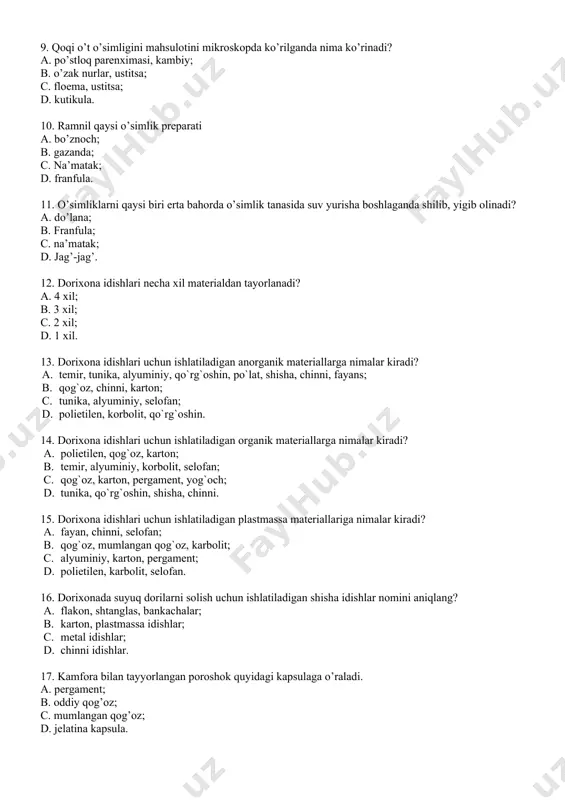 texnik tarozidan. 20. quyidagi dori moddalaridan qaysi biri to’zg’uvchan moddalar tarkibiga kiradi? a. rivanol, furatsilin; b. magniy oksidi, talk; c. kamfora, mentol; d. fenil salitsilat. 21. murakkab elaki dorilar (kukunlar) bemorga asosan nima uchun beriladi? a. sepish uchun, eritmalar tayyorlash; b. ichish uchun, har xil hashoratlarni yoqotish uchun; c. purkash uchun, eritmalar tayyorlash; d. sepish, ichish, purkash, eritmalar tay-sh, har xil hashoratlarni yoqotish uchun. 22. ishlatiladigan dorixona toshlarida besh santigrammda necha milligramm bor? a. 10 mg; b. 20 mg; c. 50 mg; d. 5 mg. 23. elaki dori moddalaridan kamfora qanday modda? a. uchuvchan modda; b. anorganik modda; c. suyuq modda; d. qiyin maydalanadigan modda. 24. ekstraktlar necha hil bo`ladi? a. 2 xil; b. 3 xil; c. 5 xil; d. 1 xil. 24. 50, 0-1:100 nisbatdagi atropin sulfat triturati uchun quyidagi qaysi moddalar olinadi? a. 5, 0 zaharli modda 45, 0 sut qandi; b. 10, 0 zaharli modda 40, 0 …