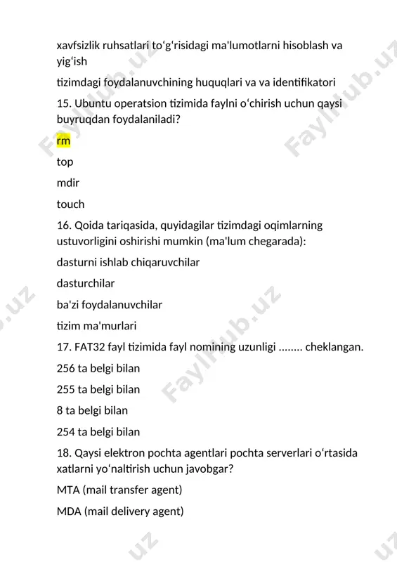 i. katalog xizmati servis xizmati tarmoq xizmati boshqaruv xizmati 40. kompyuter operatsion tizimi - bu ....... kompyuter qurilmasini virtualizatsiya qiladigan yuqori darajadagi funksiyalar to‘plami qurilma menejeri resurslarni boshqarish tizimi foydalanuvchining kompyuter tizimi bilan o‘zaro aloqasini ta'minlaydigan, shuningdek, kompyuter tizimining resurslarini boshqaradigan apparat-dasturiy kompleks 41.multidasturlash ......... eng samarali hisoblanadi tizimli amaliy dastur darajasida jarayon darajasida xotira darajasida oqim darajasida 42. linux operatsion tizimida qanday qurilma blokli qurilma (block device) hisoblanadi? tarmoq kartasi qattiq disk plotter printer 44. qaysi xotirani taqsimlash (ajratish) usulida tashqi xotiradan foydalaniladi? belgilangan bo‘limlarda o‘zgaruvchan bo‘limlarda segment-sahifali xotirani taqsimlashda dinamik bo‘limlarda 45. ........ - bu operatsion tizimning faol bo‘lmagan jarayon tasvirini diskka o‘tkazish (yozish) yoki faol jarayonni asosiy xotiraga ko‘chirish (o‘qish) uchun harakatlaridir bo‘linish (fragmentatsiya) topshiriqni rejalashtiruvchi (task manager) zahira maydoni (backing store) almashtirish (swapping) 46. qanday operatsion tizimlar multidasturli deyiladi? bir vaqtning o‘zida bir nechta dasturlarni ishga tushirishni ta'minlaydigan bir nechta dasturlardan tashkil topgan bir nechta foydalanuvchilarning …