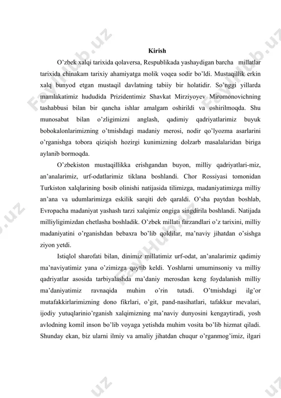 yo’llarini ko’rsatgan. kurs ishining maqsadi – kaykovusning pedagogika sohasida qarashlarini o’rganish, tahlil qilish. uning kundalik turmushda va oila tarbiyasida, ta’lim-tarbiya jarayonida qo’llanishining nazariy jihatlarini hamda usullarini ko’rsatishdan iborat. kurs ishining vazifalari bajarish nazarda tutiladi. 1. kaykovusning yashab o’tgan davr sharoiti va madaniyatini yoritish. 2. kaykovusning qarashlaridagi pedagogik g’oyalarni aniqlash. 3. “qobusnoma” ning kundalik turmushdagi, bolalarni tarbiyalashdagi ahamiyatini bayon qilish. 4. kuzatish va tajribalar asosida bolalarni oilada tarbiyalashda va boshlang’ich sinflar ta’lim-tarbiya jarayonida qo’llash usullarini tahlil qilish. i-bob. unsurulmaoliy kaykovus va uning “qobusnoma” asari. 1.1. kaykovus yashab ijod etgan tarixiy davrda ilm-fan, madaniy hayot. markaziy osiyo xalqlari uzoq tarixga ega. eramizdan avvalgi bir minginchi yillarda amudaryoning quyi qismi, zarafshon vodiysi, murgob daryosi, farg’ona vodiysida boshlang’ich madaniyat markazlari vujudga kelgan. eramizdan avvalgi iv-v asrlarda bu o’lkalar eron davlati tarkibiga qo’shib olindi. zardushtiylik dini shakllandi. eramizdan avvalgi iv asrlarga kelib o’rta osiyo aleksandr makedonskiy boshliq yunonlar tomonidan bosib olindi. iv asrlardan boshlab zardushtiylik …