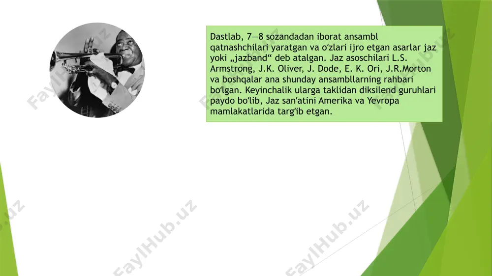 xos xususiyatlarida ifodalangan jaz tafakkuri bilan bog'liq yarim improvizatsiya ijrosida yotadi. bu ko'proq odamning xarakteriga, uning aqliy va nutq stereotiplariga bog'liq jaz musiqasining xususiyatlari quyidagilar bilan belgilanadi: ❖ melodik o'ziga xoslik afro-amerikalik musiqa folklorining vokal va instrumental intonatsiyasi bilan yaqin aloqadorligi; ❖ tovush xarakteristikasi inson ovozining timbral xususiyatlari bilan bog'liqlik; ❖ ritmik xarakteristikasi bioritmlar, ritmik impulslar va inson nutqining aksentuatsiyasi bilan bog'liqlik. jazda bir vaqtning o'zida turli xil yo'nalishlar, mualliflar, ijrochilarning mavjudligi uning uslub tizimi haqida gapirishga imkon beradi. bu musiqa bir xil vositalar yordamida qurilgan jazning o'ziga xos san'atini tahlil qilishda akademik an'analarning mavjud terminologiyasidan foydalanishga imkon beradi. ammo o'z qonunlariga ko'ra - ritm va metr, rejim tizimi va uyg'unlik, kompozitsiya, shakllantirish tamoyillari, cholg'ular va boshqa atamalarni ham o'z ichiga oladi. jazning uslublari va yo'nalishlari har doim aniq estetik va tarkibiy xususiyatlarga ega bo'lib, musiqaning jaz xarakterini yevropa klassik musiqasi bilan aniqlashga imkon bermaydi. e’tiboringiz uchun raxmat /docprops/thumbnail.jpeg