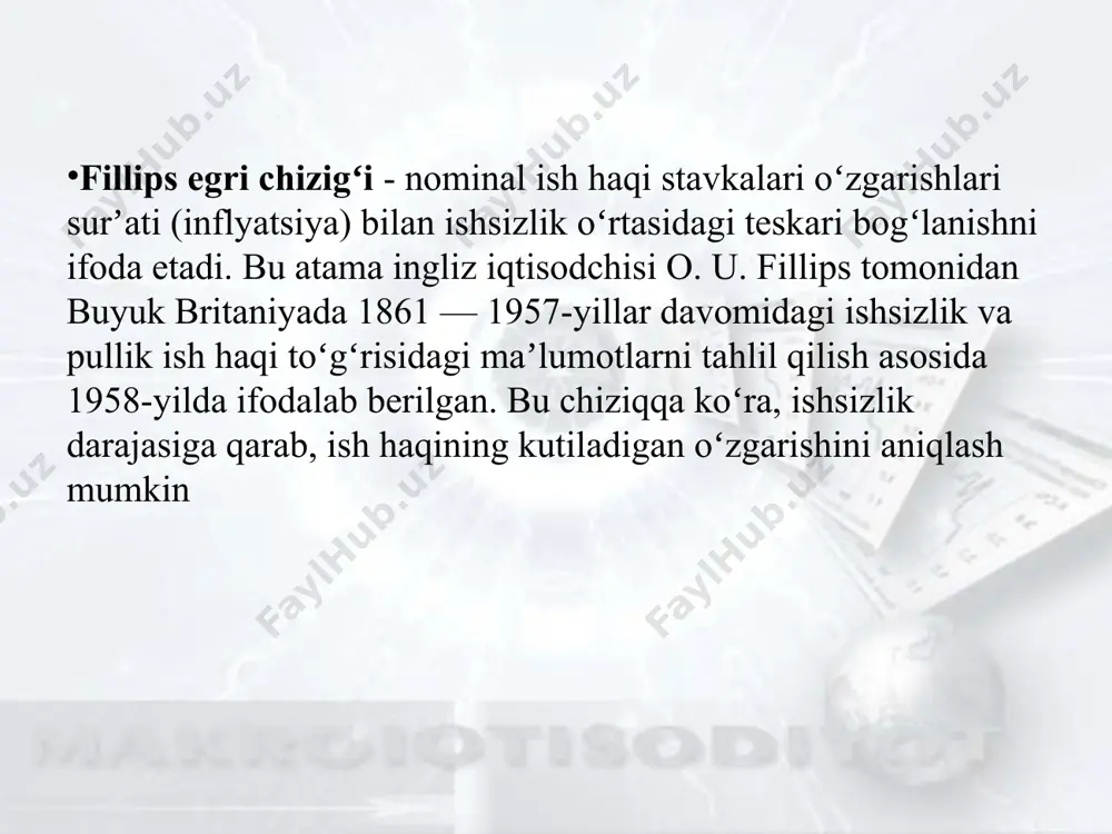 tanlov kutilayotgan inflyatsiyaning sur’atiga bog’liq. kutilayotgan inflyatsiya darajasi qanchalik yuqori bo’lsa ishsizlikning har qanday darajasida (sur’ati past bo’lgan inflyatsiya darajasiga nisbatan) haqiqiy inflyatsiya darajasi yuqori bo’ladi. 5 мавзу. жами талаб ва жами таклиф модели макроиётисодиёт inflyatsiya ( lotincha inflatio - shishish, bo’rtish, taranglashish) – ma’lum davr mobaynida mamlakatda narxlar o’rtacha (umumiy) darajasining barqaror o’sishi, pulning xarid qobiliyatini uzoq muddatli pasayishi. inflyatsiya bozor iqtisodiyotining asosiy izdan chiqaruvchi omillari jumlasiga kiradi, uning sur’ati qanchalik yuqori bo’lsa, iqtisodiyotga xavfli ta’siri shunchalik katta bo’ladi. ammo inflyatsiya davrida barcha tovarlarning narxlari ham oshavermaydi: ayrimlariniki barqaror bo’lib tursa, ba’zilariniki esa tushishi mumkin. “inflyatsiya” atamasi ilk bor shimoliy amerikada 1861-1865 yillardagi fuqarolar urushi davrida qo’llanildi. inflyatsiyaning atamasi muomaladagi qog’oz pul massasining tovarlarning real taklifiga nisbatan haddan ziyod ko’payib ketishi holatini izohlangan. 5 мавзу. жами талаб ва жами таклиф модели макроиётисодиёт keynschlar maktabi namoyondalari bunday nomutanosiblikning sababi to’liq bandlik sharoitida talabning haddan ziyod bo’lishida deb bilishadi. shu sababli …